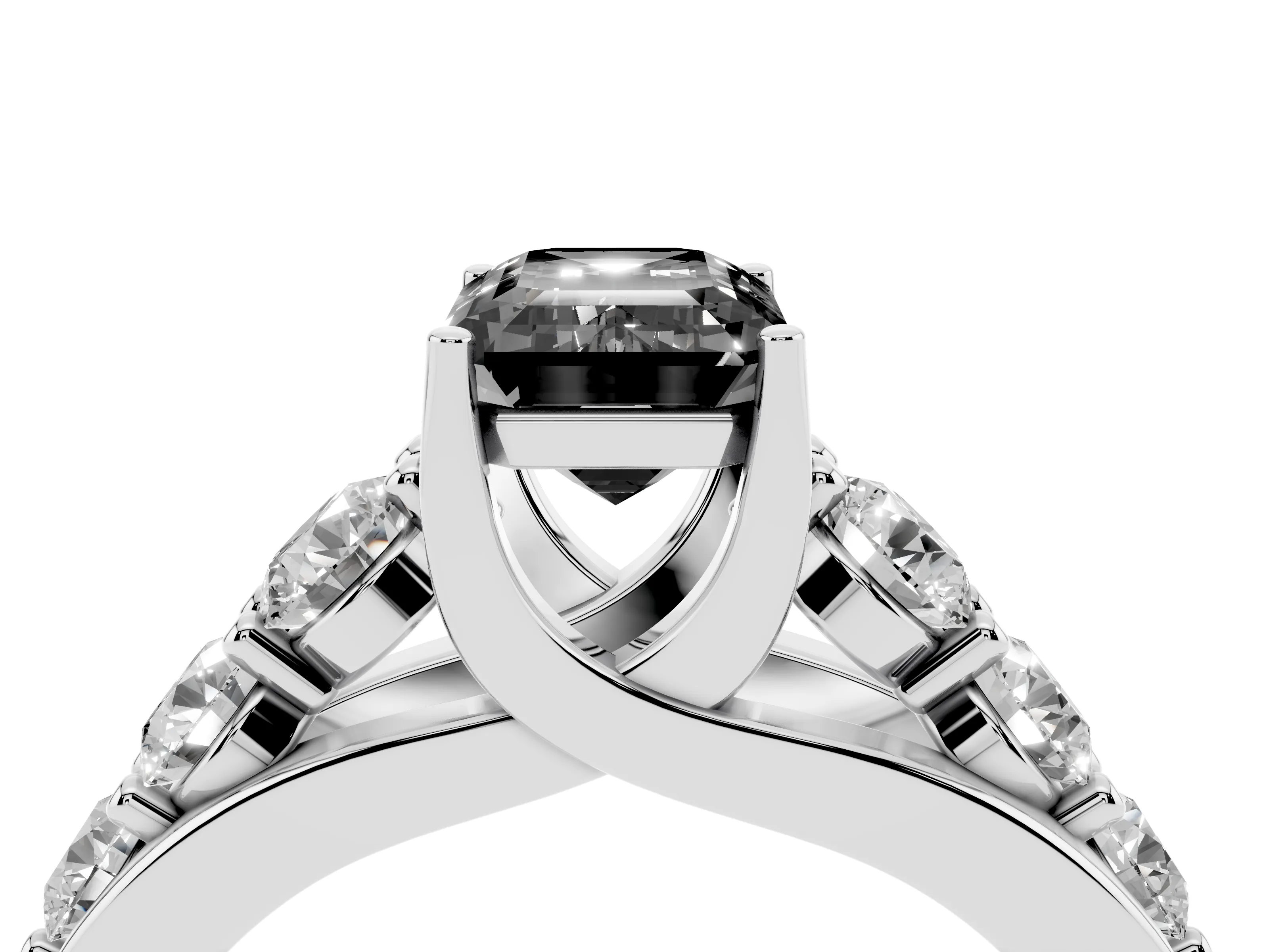 Fancy Black Emerald Cut Diamond Pavé Engagement Ring Set in White gold with Prong Setting