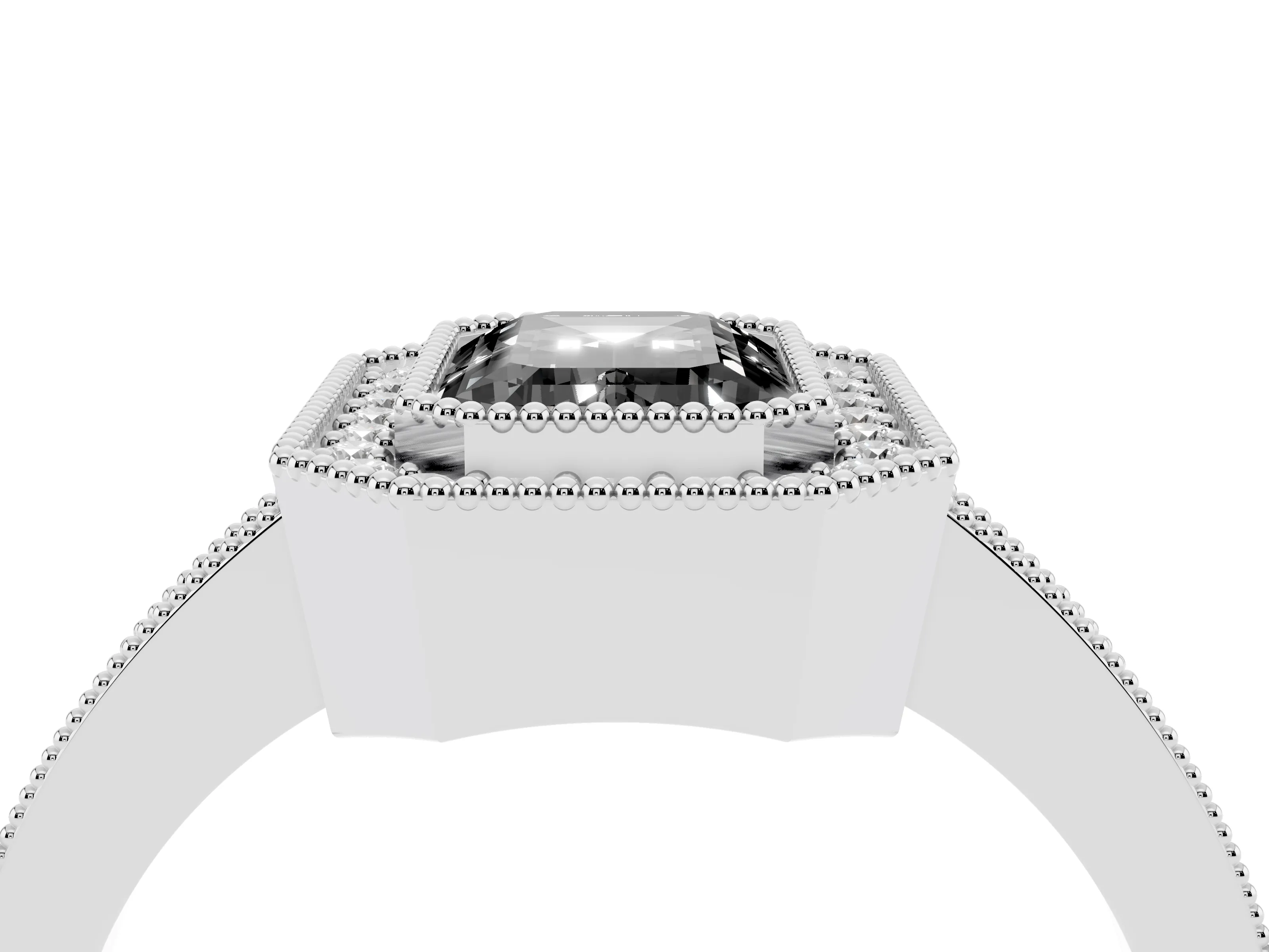 Fancy Black Emerald Cut Diamond Halo Engagement Ring Set in Platinum with Pavé Band and Round Halo Stones
