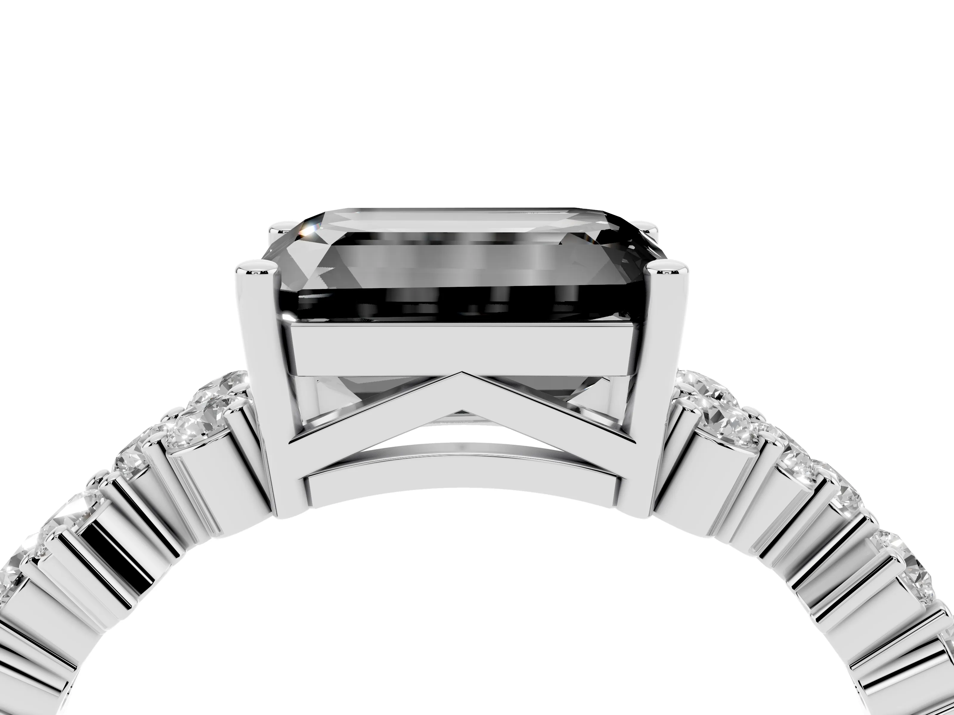 Fancy Black Emerald Cut Diamond Ring Set in Silver with Scattered Round Accents