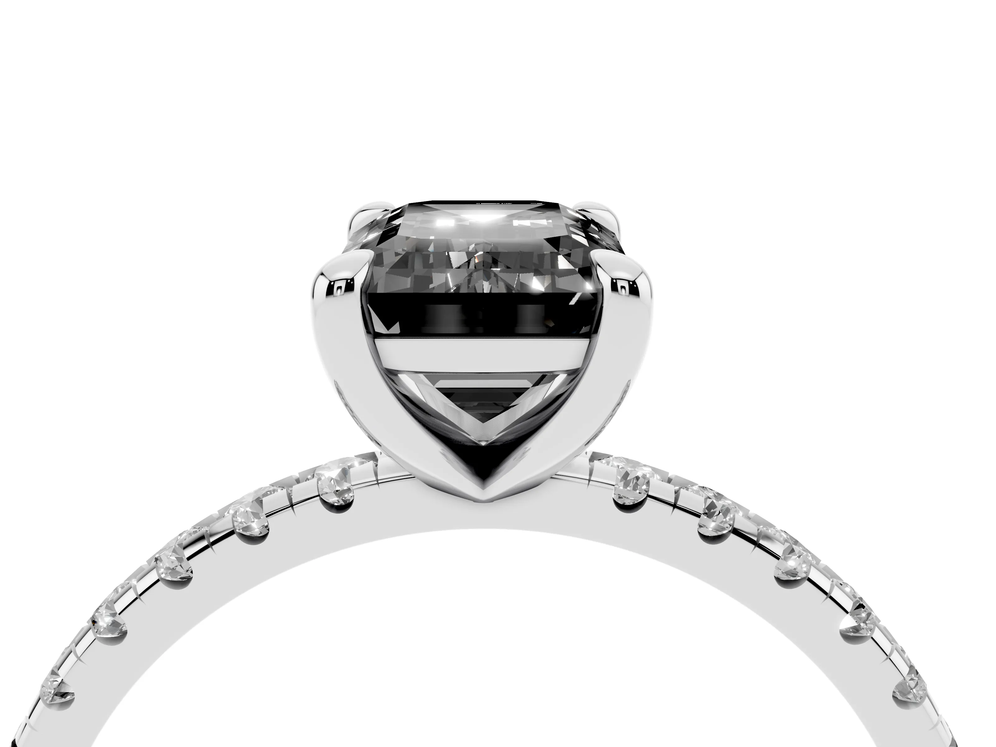 Fancy Black Emerald Cut Diamond Brilliant Solitaire Ring Set in White gold with Pavé Band and Prong Setting