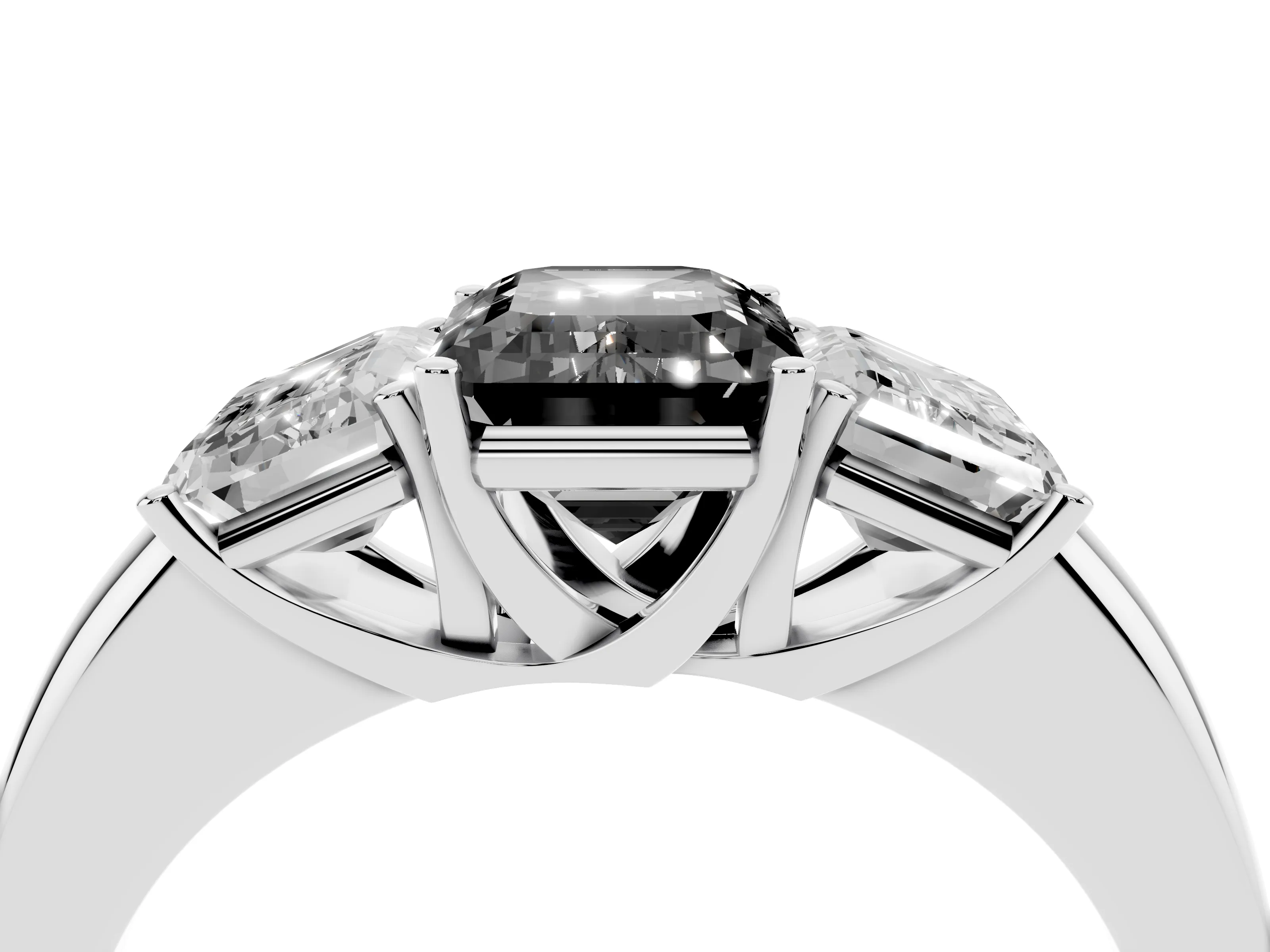 Fancy Black Emerald Cut Diamond Three-Stone Ring Set in Silver with Bold Center and Classic Band