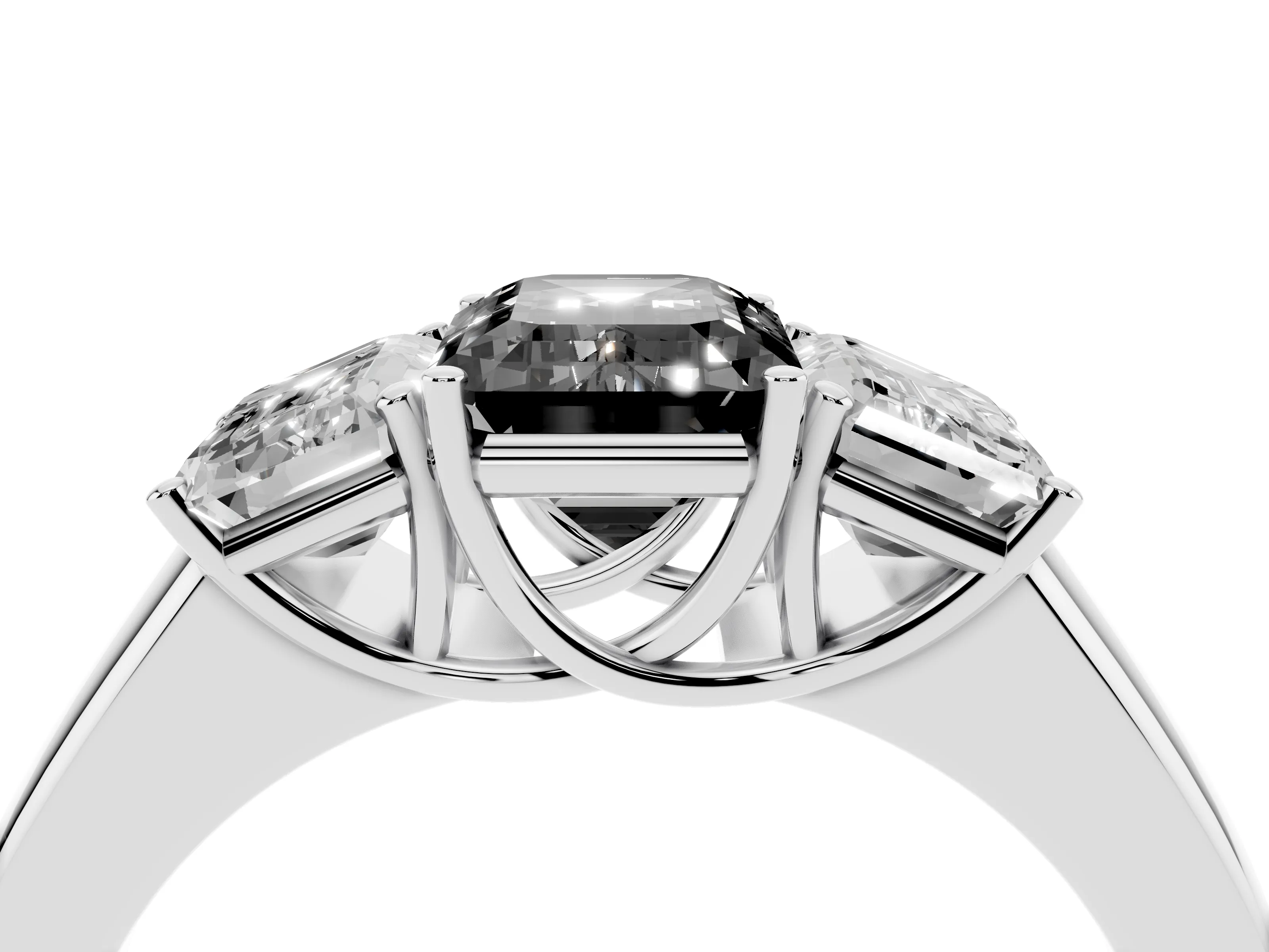 Fancy Black Three-Stone Emerald Cut Diamond Ring Set in Platinum with Matching Prong Settings and Plain Band