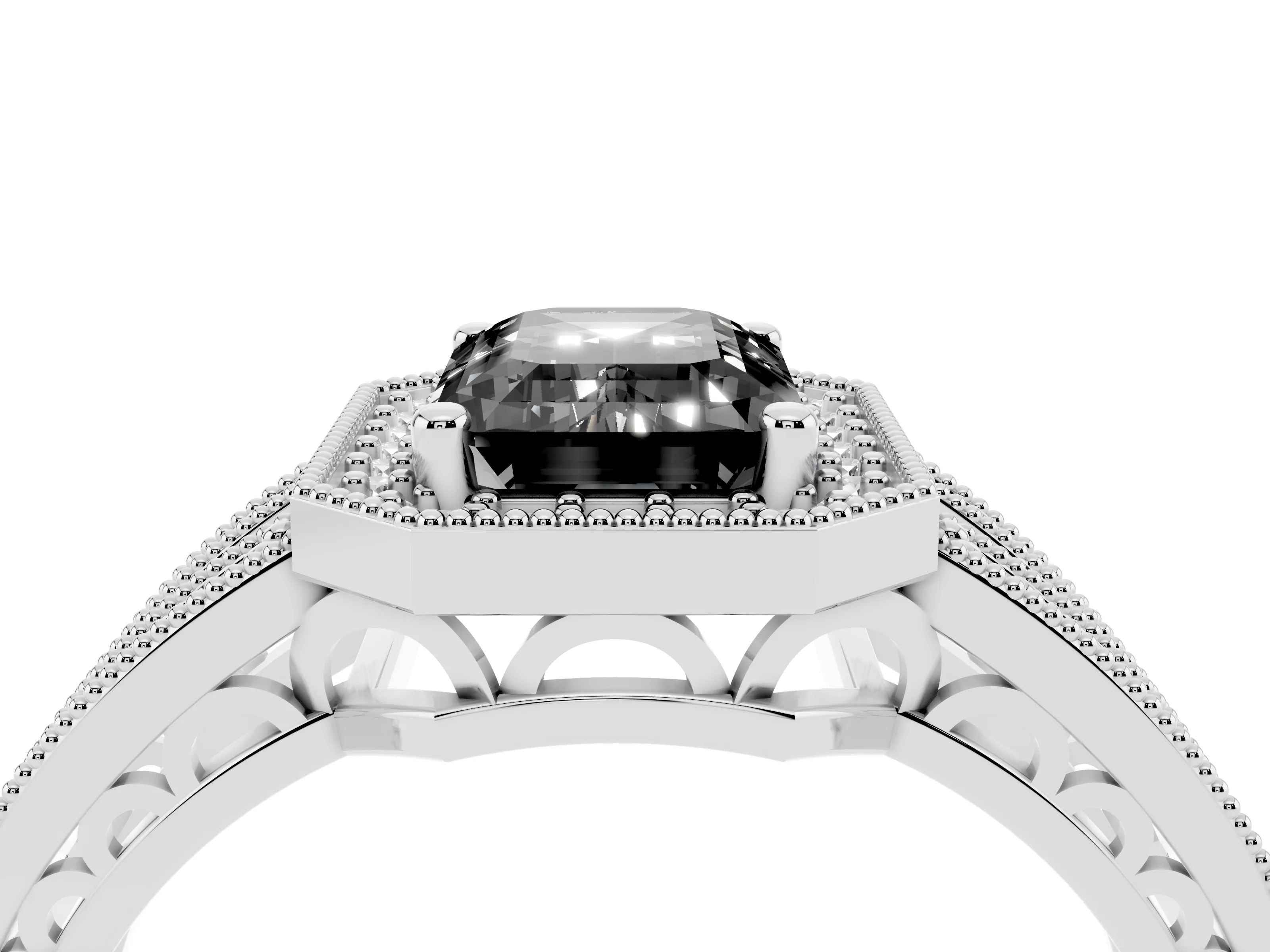 Fancy Black Emerald Cut Diamond Halo Ring Set in Silver with Accent Split Shank and Prong Setting
