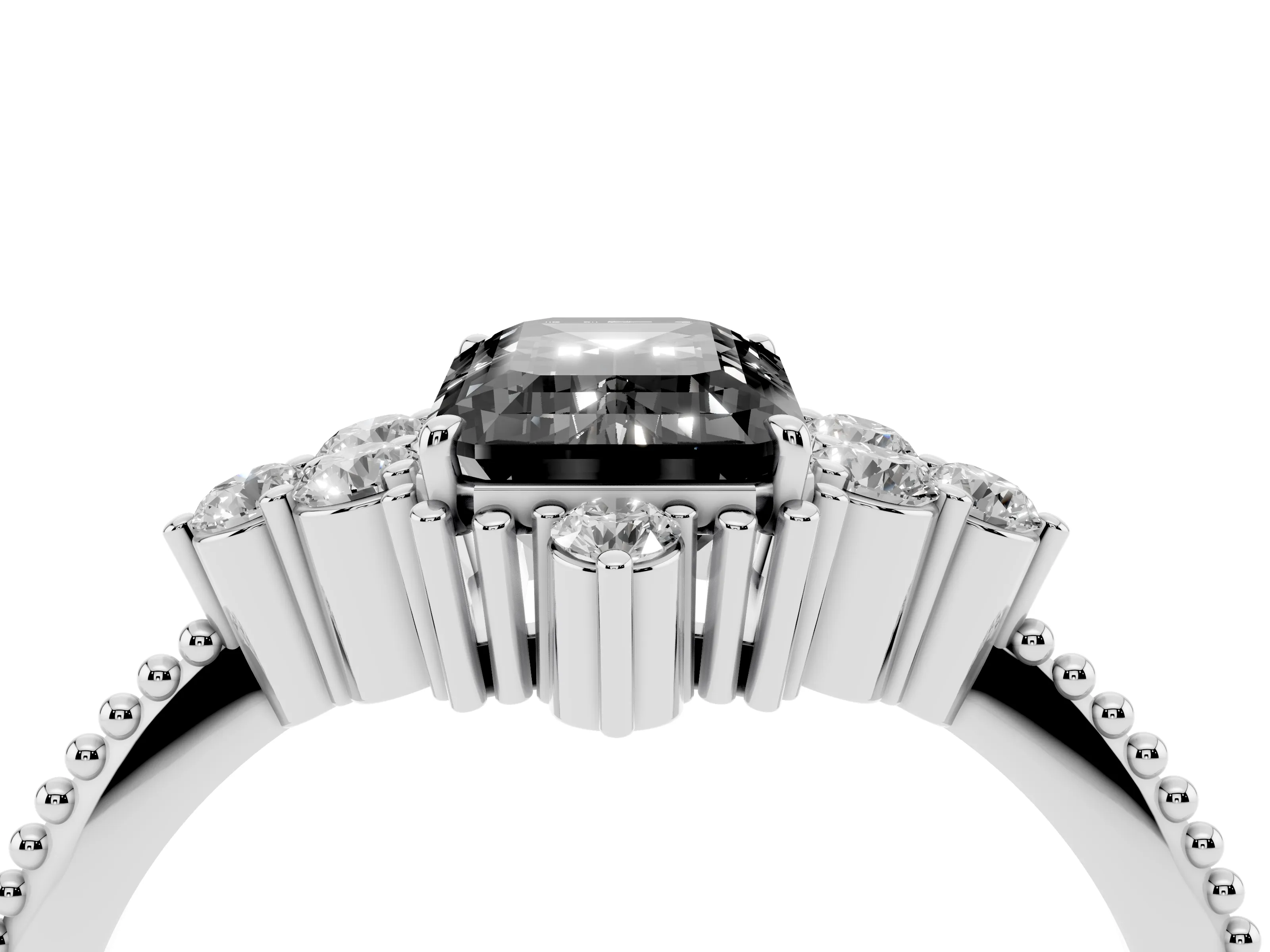 Fancy Black Emerald Cut Diamond Cluster Ring Set in Platinum with Beaded Band