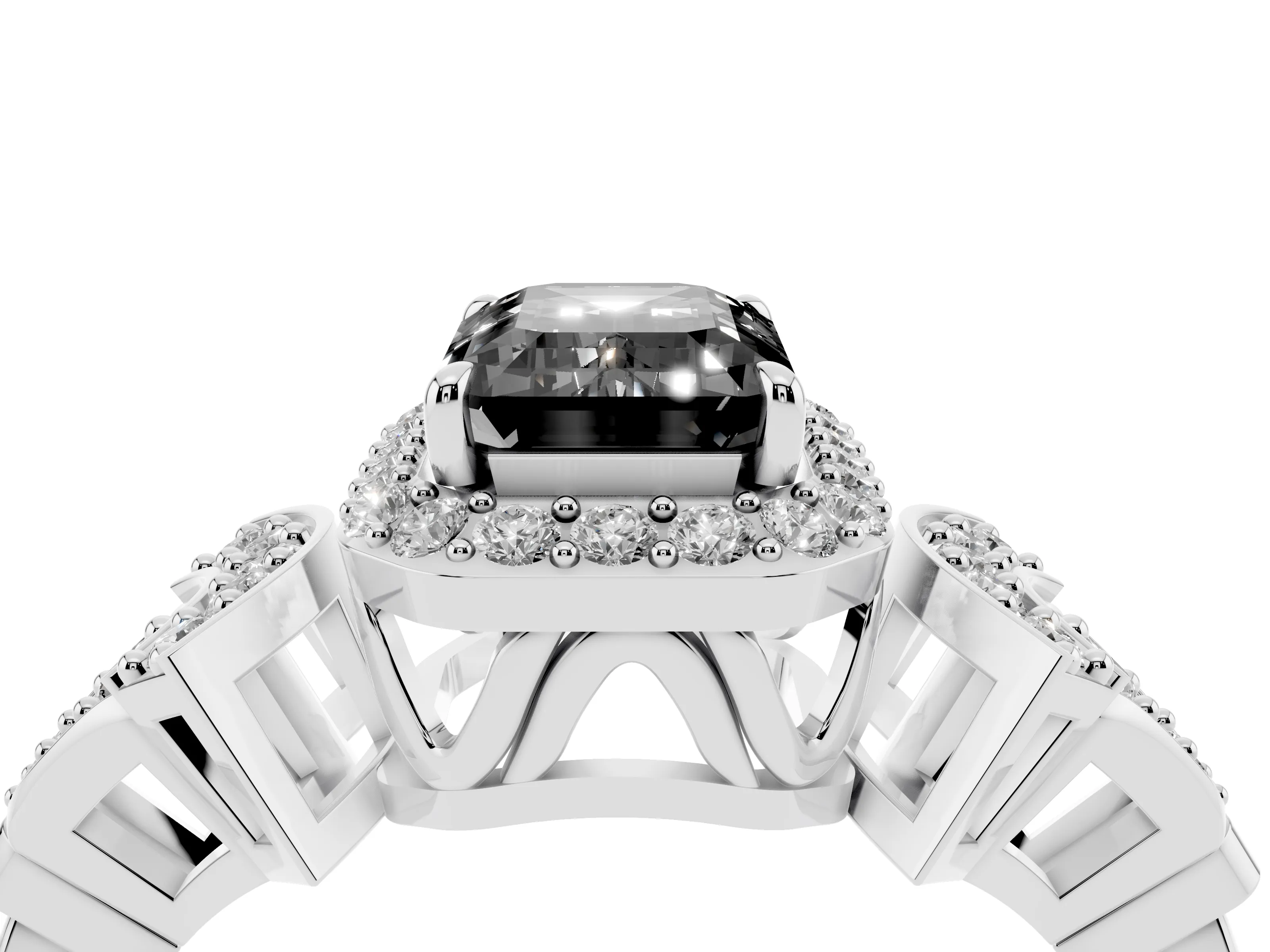 Fancy Black Emerald Cut Diamond Halo Engagement Ring Set in Silver with Accent Stone Split Shank