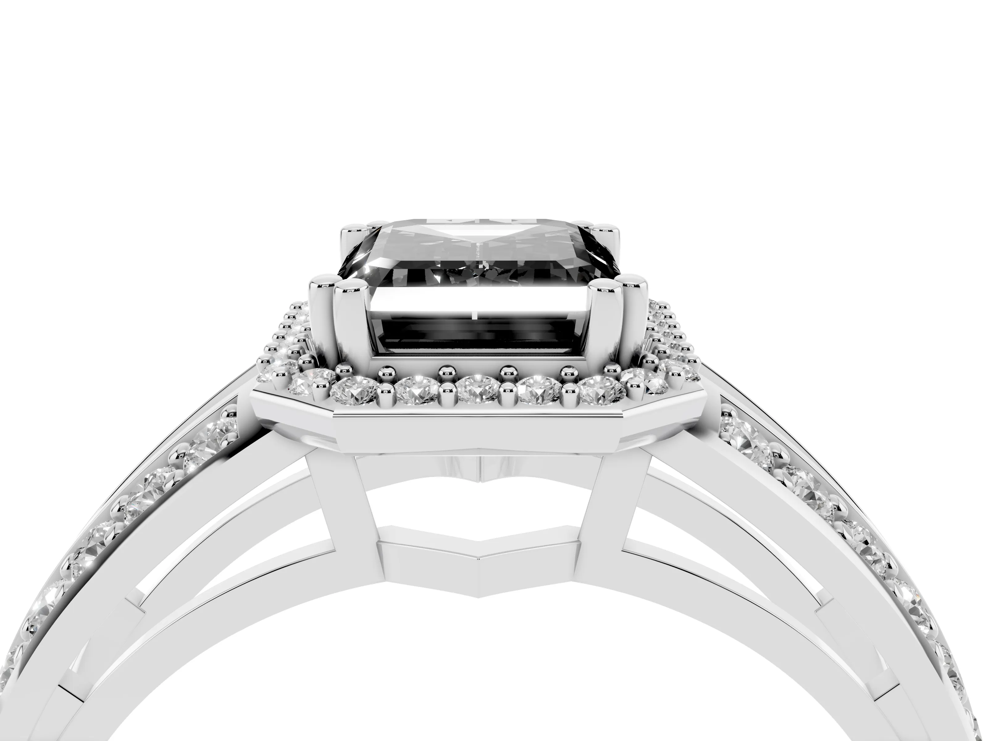 Fancy Black Emerald Cut Diamond Halo Ring Set in White gold with Double Pavé Split Shank