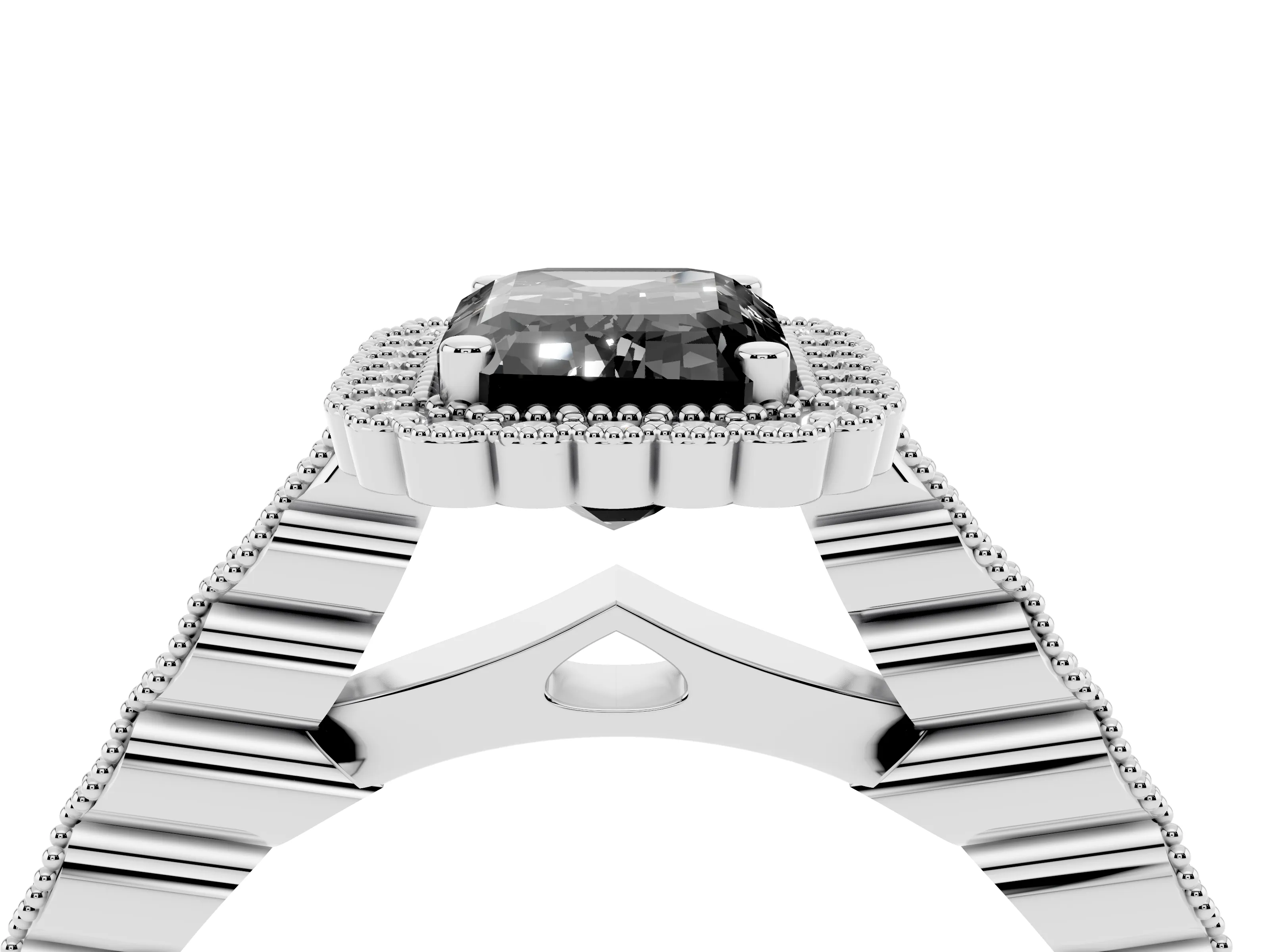 Fancy Black Emerald Cut Diamond Halo Ring Set in White gold with Pavé Milgrain Band
