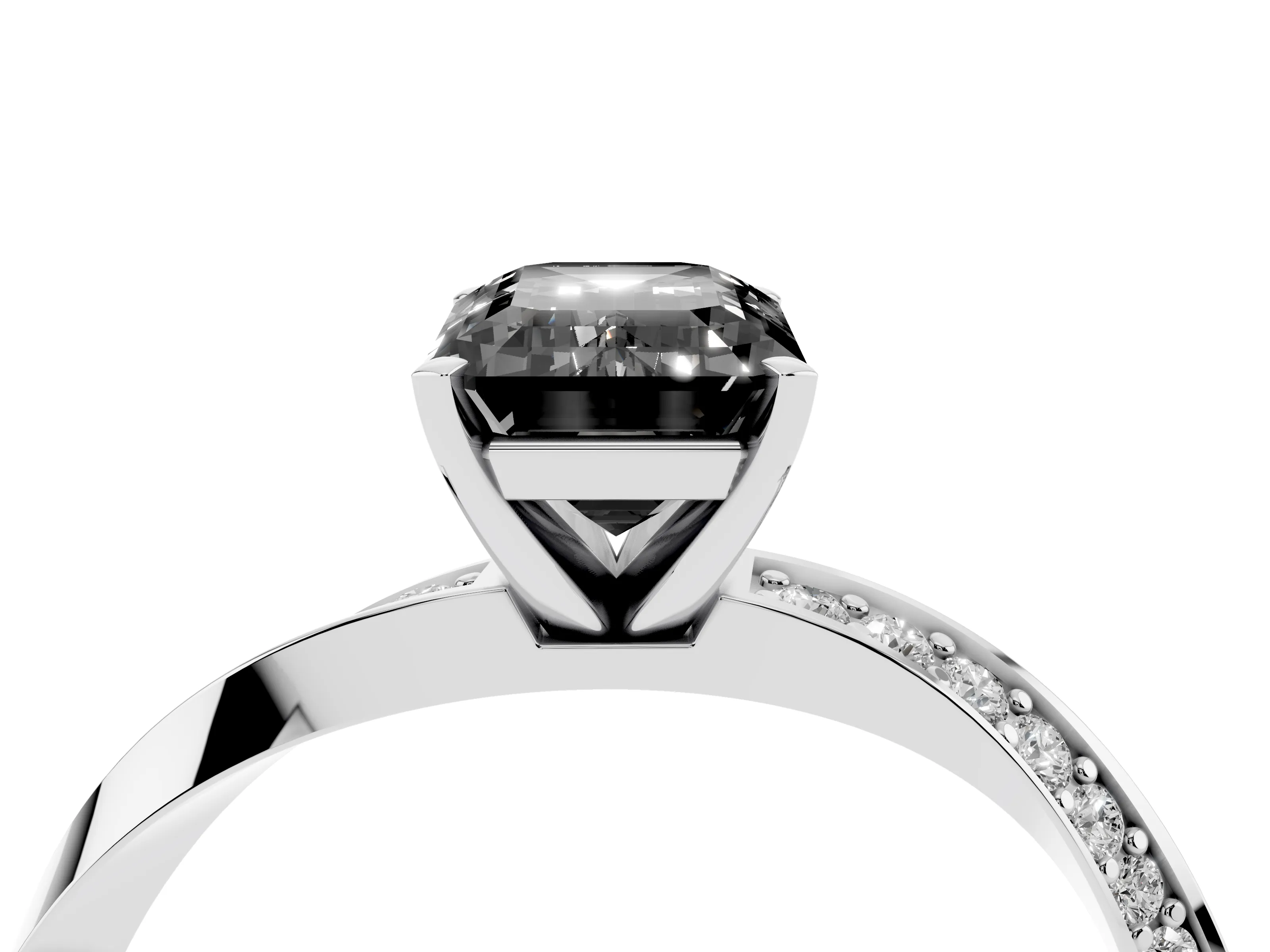 Fancy Black Emerald Cut Diamond Engagement Ring Set in Platinum with Side Stone Accents and Prong Setting