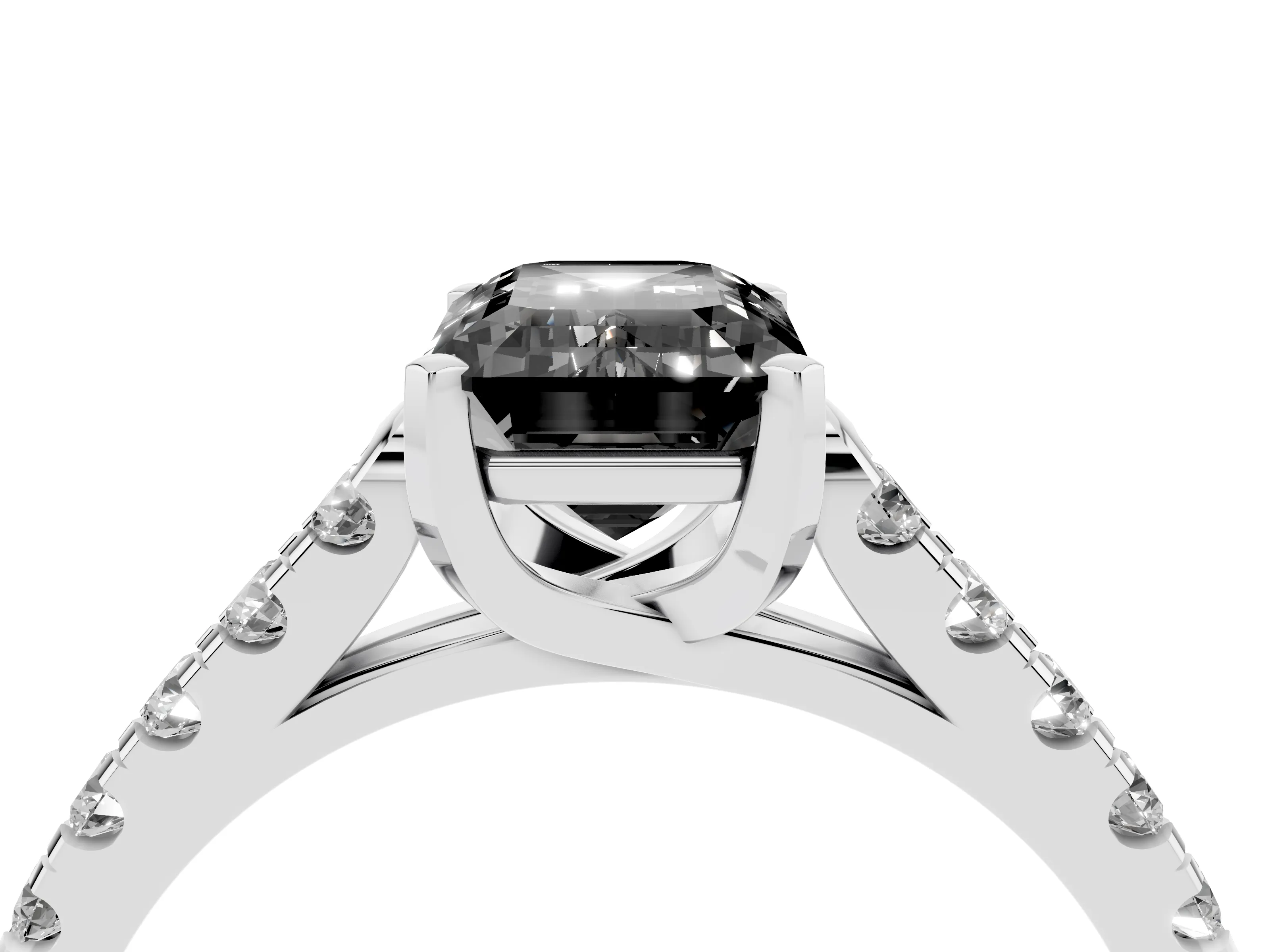 Fancy Black Emerald Cut Diamond Pavé Band Solitaire Ring Set in Platinum with Partway Accent Stones and Prong Setting