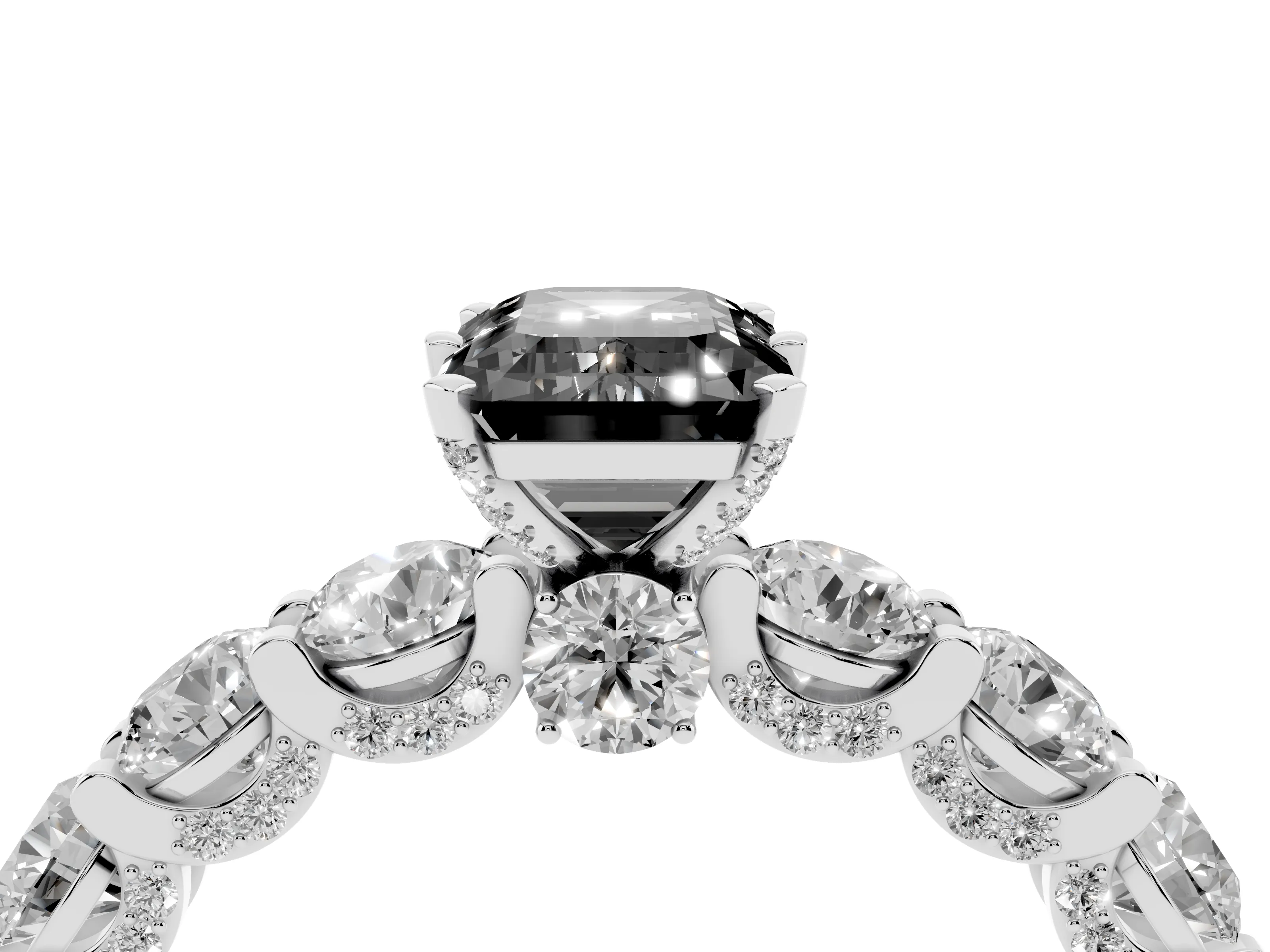 Fancy Black Emerald Cut Diamond Side Stone Ring Set in Silver with Alternating Round and Oval Side Stones