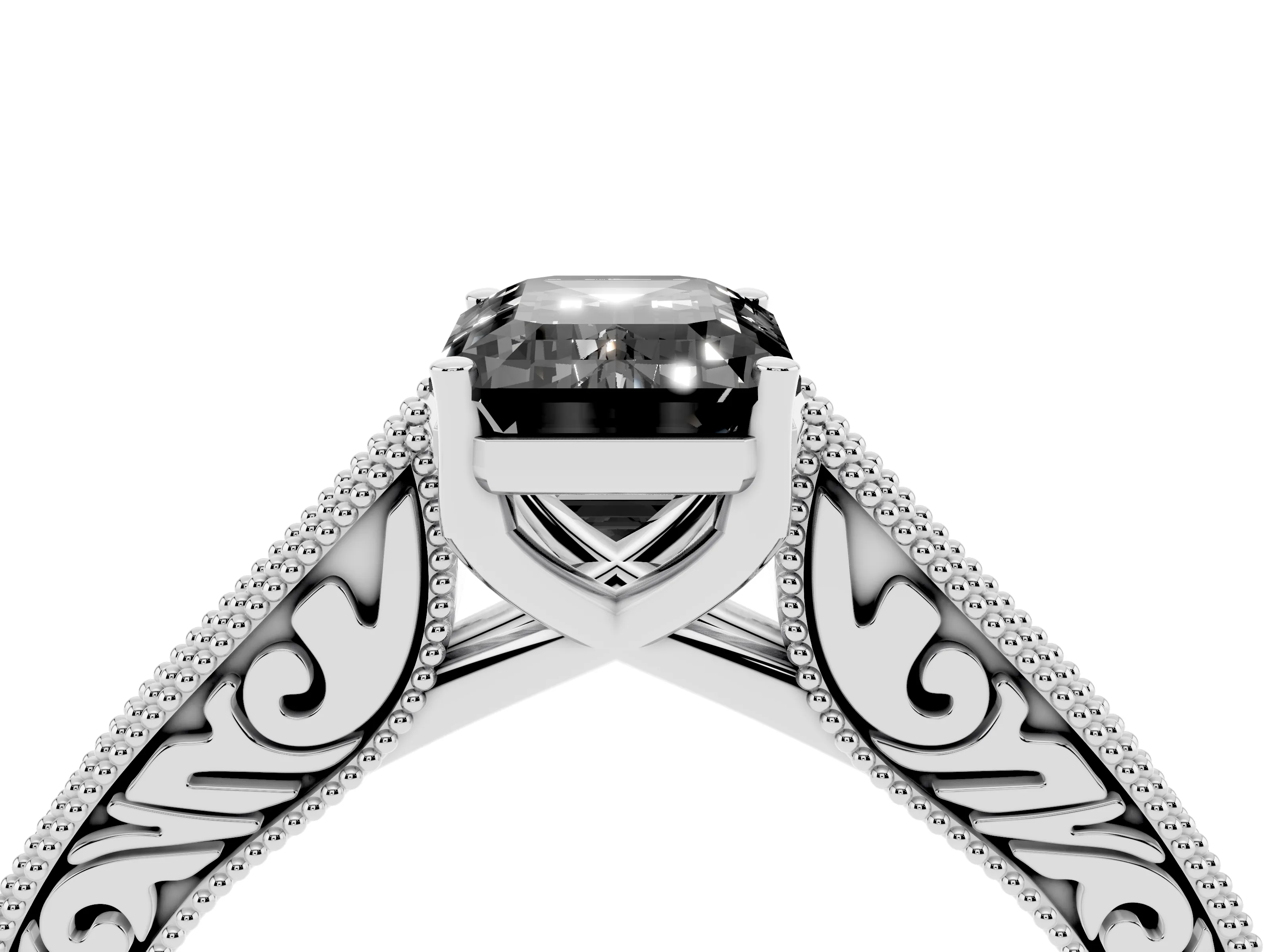 Fancy Black Emerald Cut Diamond Milgrain Pavé Band Solitaire Ring Set in Platinum with Prong Setting
