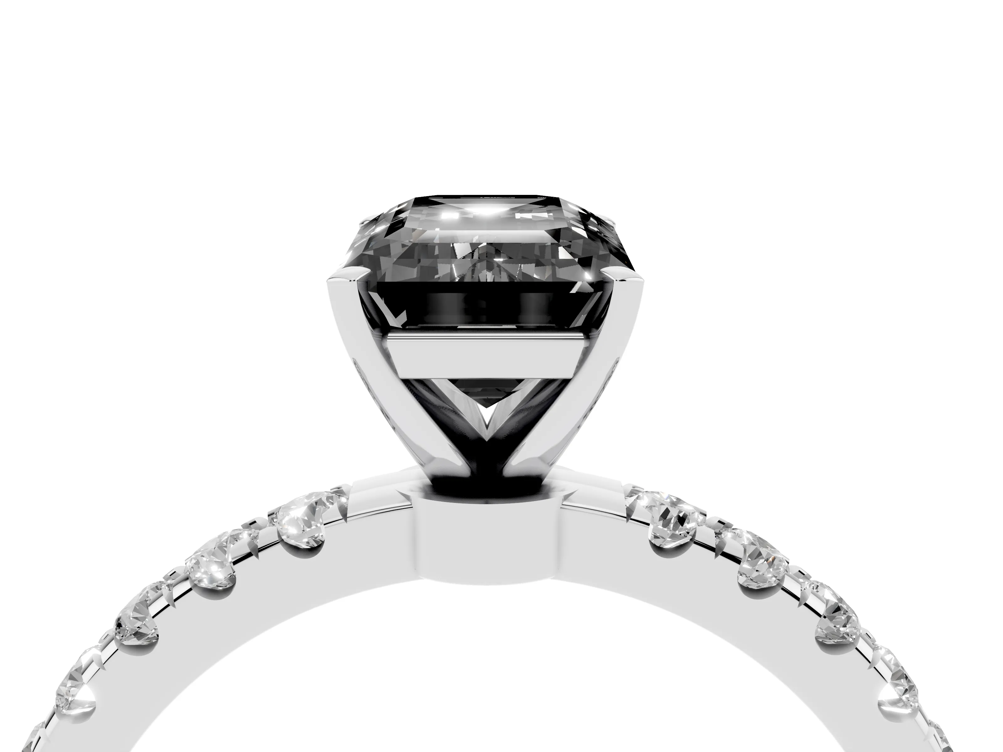 Fancy Black Emerald Cut Diamond Solitaire Ring Set in Platinum with Pavé Accents and Prong Setting