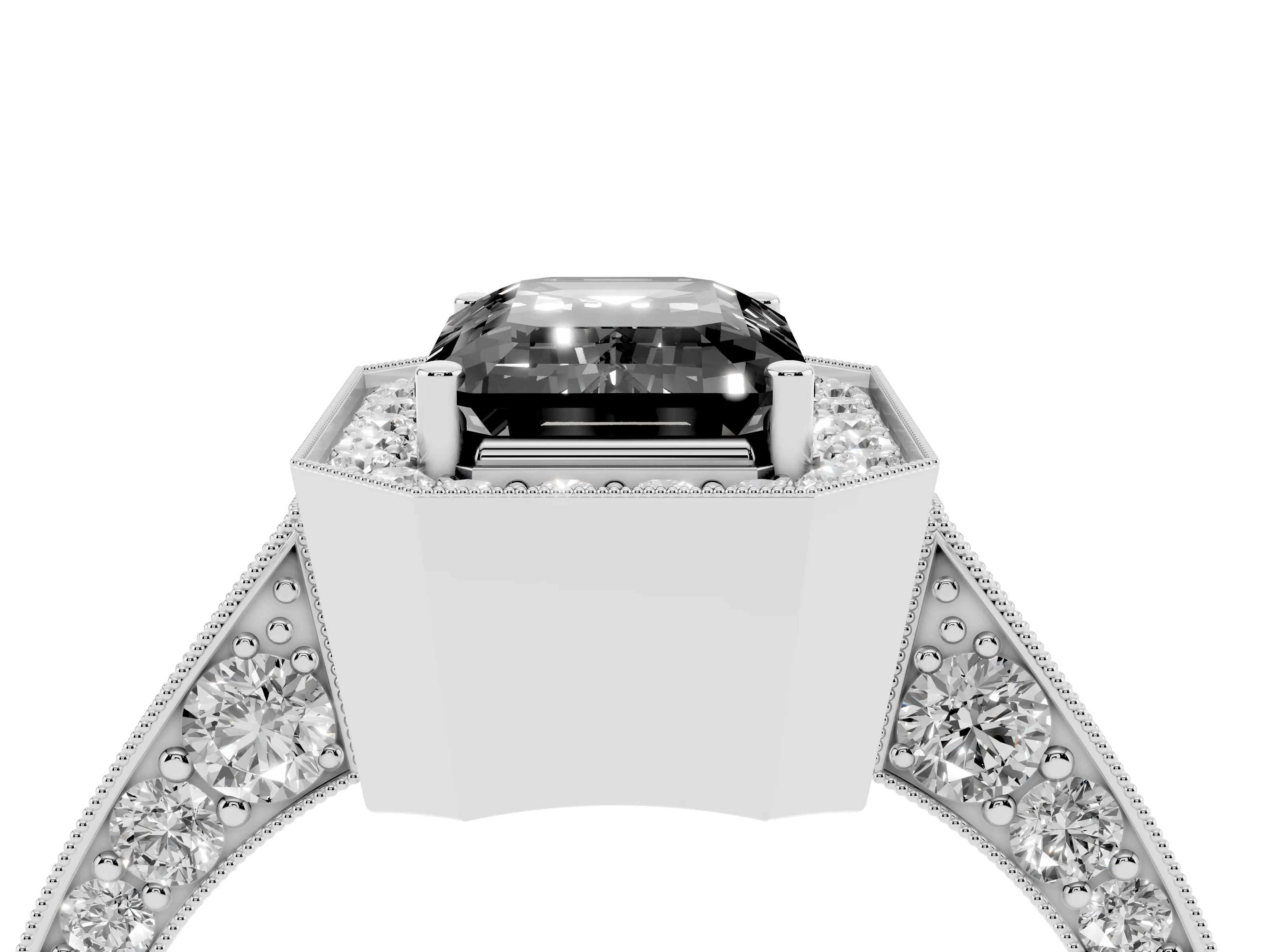 Fancy Black Emerald Cut Diamond Halo Engagement Ring Set in Platinum with Accent Split Shank Band