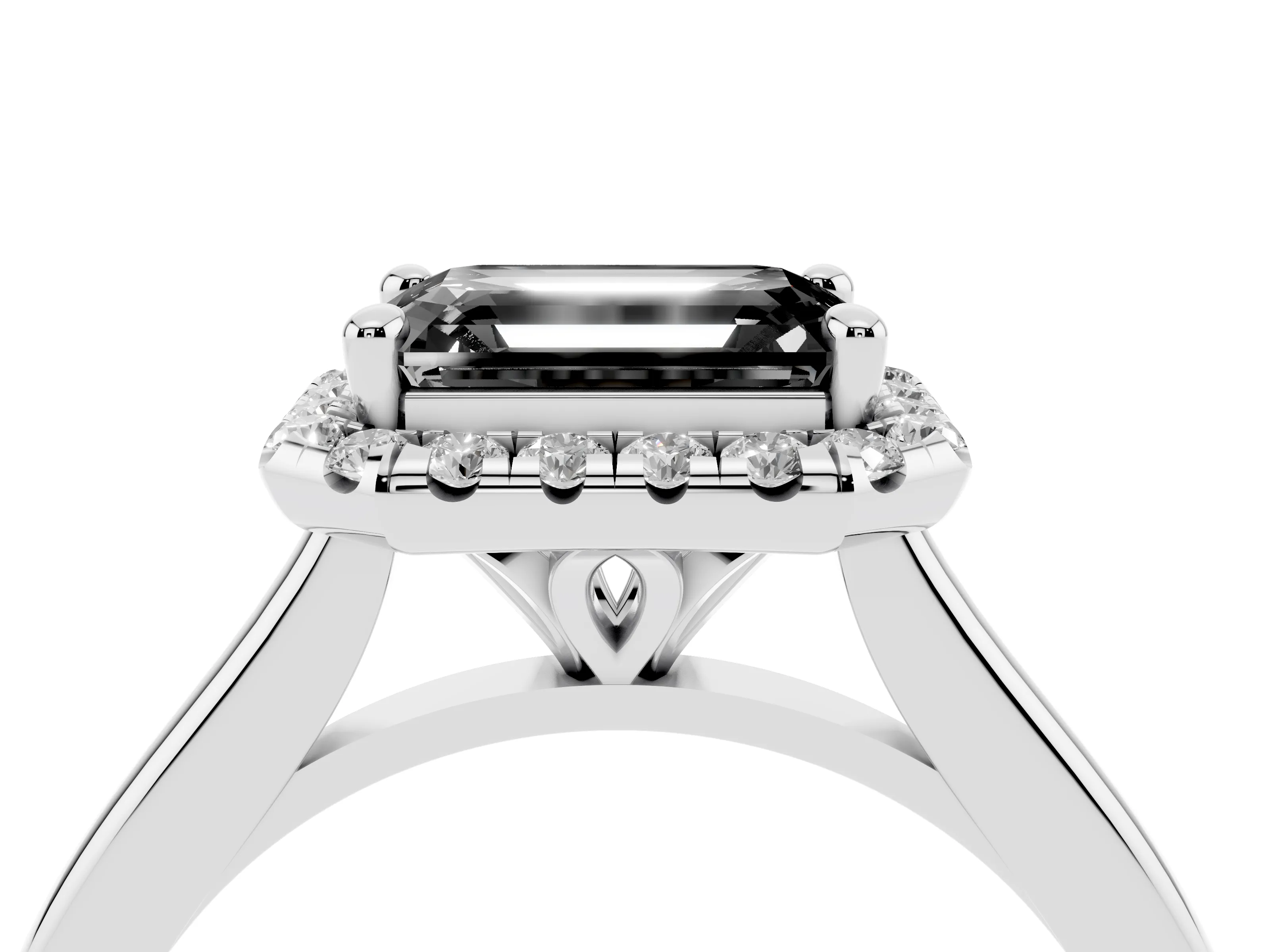 Fancy Black Emerald Cut Diamond Halo Engagement Ring Set in White gold with Pavé Band and Rising Shoulders