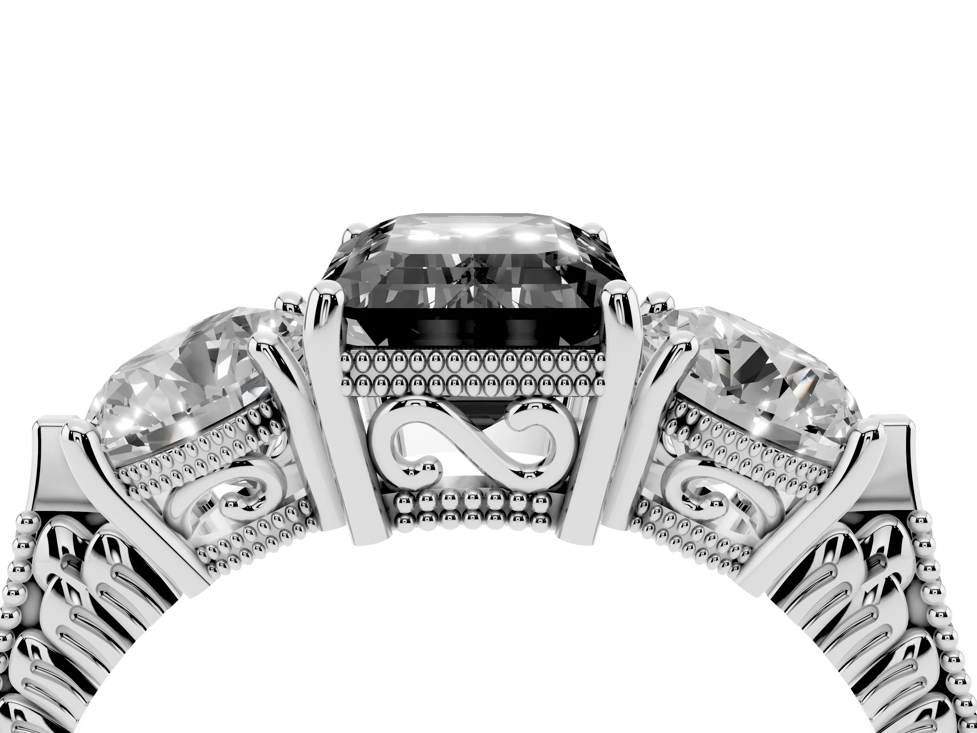 Fancy Black Emerald Cut Diamond Three-Stone Ring Set in Silver with Milgrain Band
