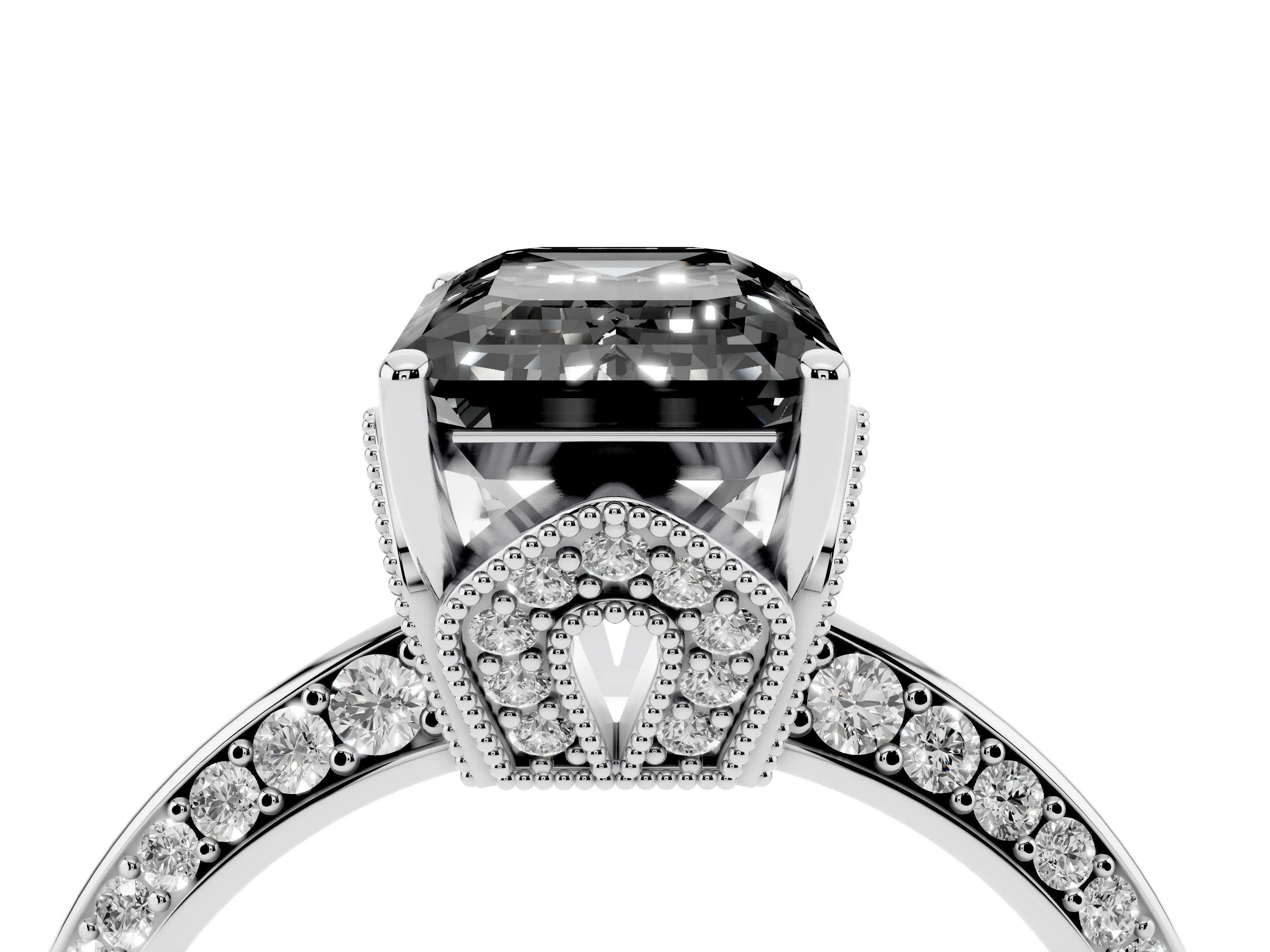 Fancy Black Emerald Cut Diamond Solitaire Engagement Ring Set in White gold with Pavé Split Shank and Prong Setting