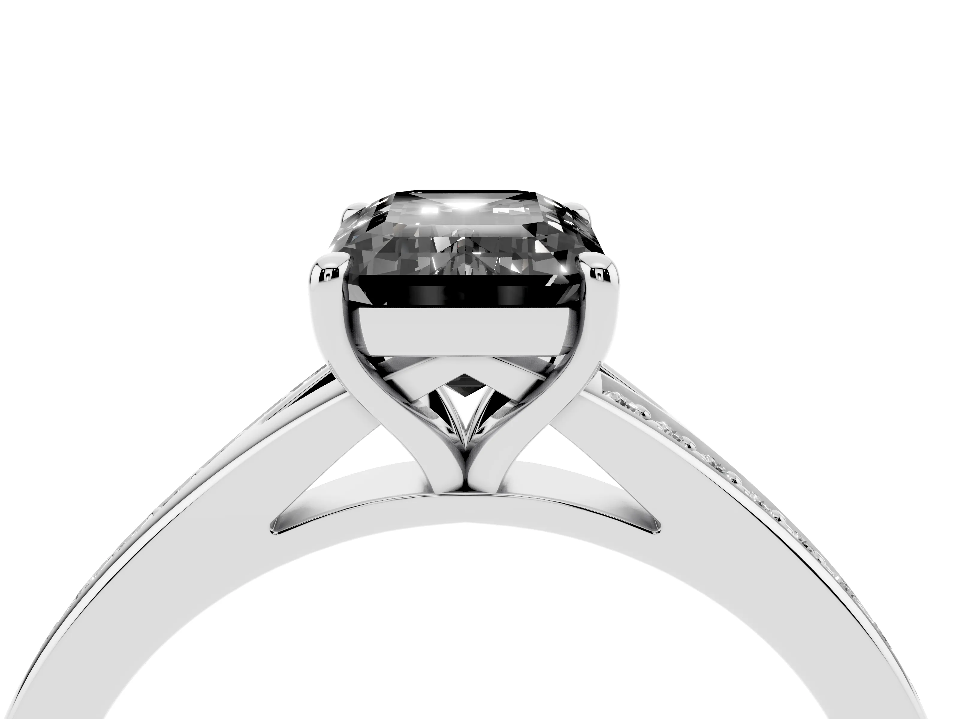 Fancy Black Emerald Cut Diamond Solitaire Ring Set in Platinum with Pavé Accent Band and Classic Prong Setting