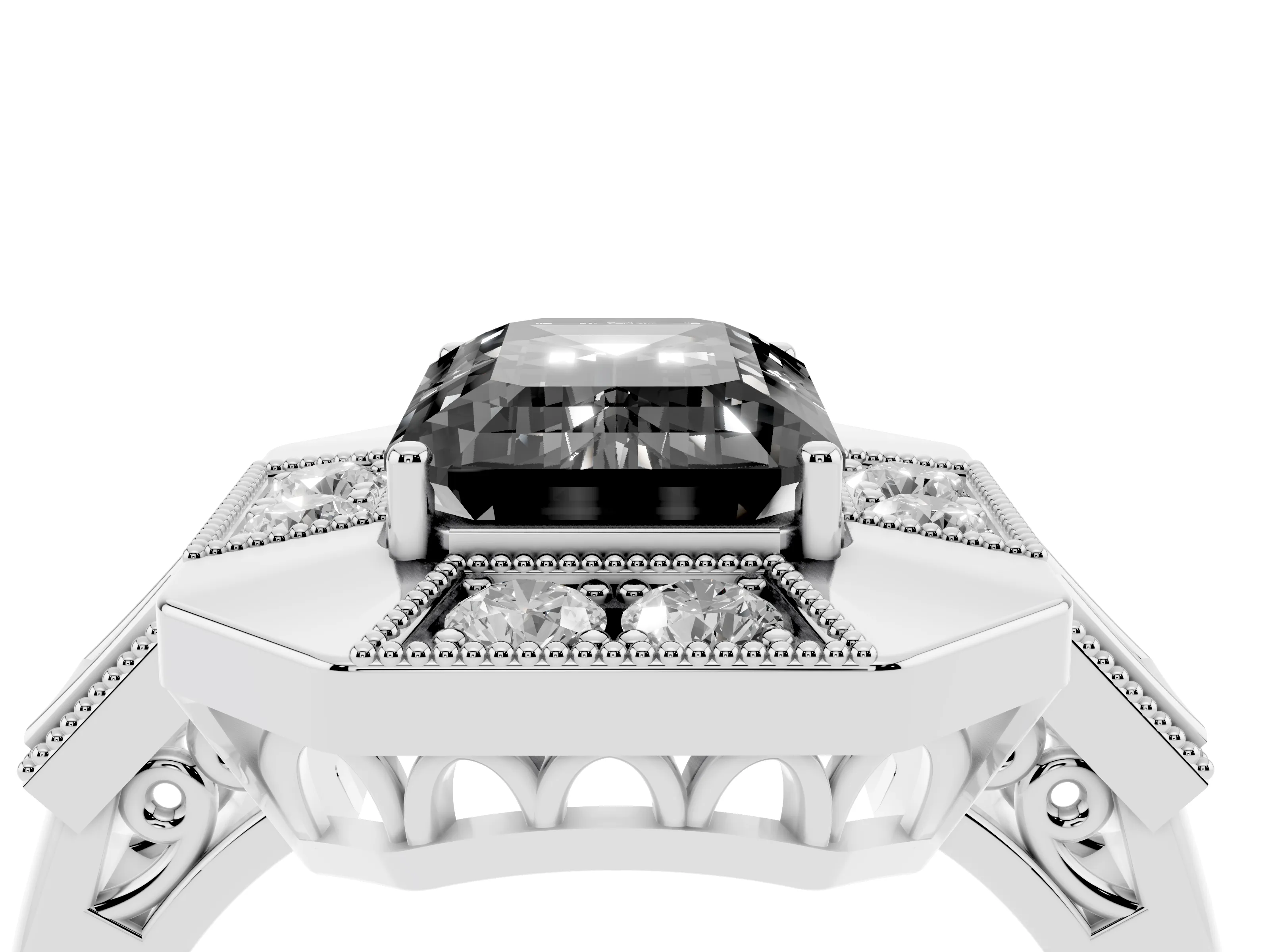 Fancy Black Emerald Cut Diamond Milgrain Halo Ring Set in Silver with Split Shank