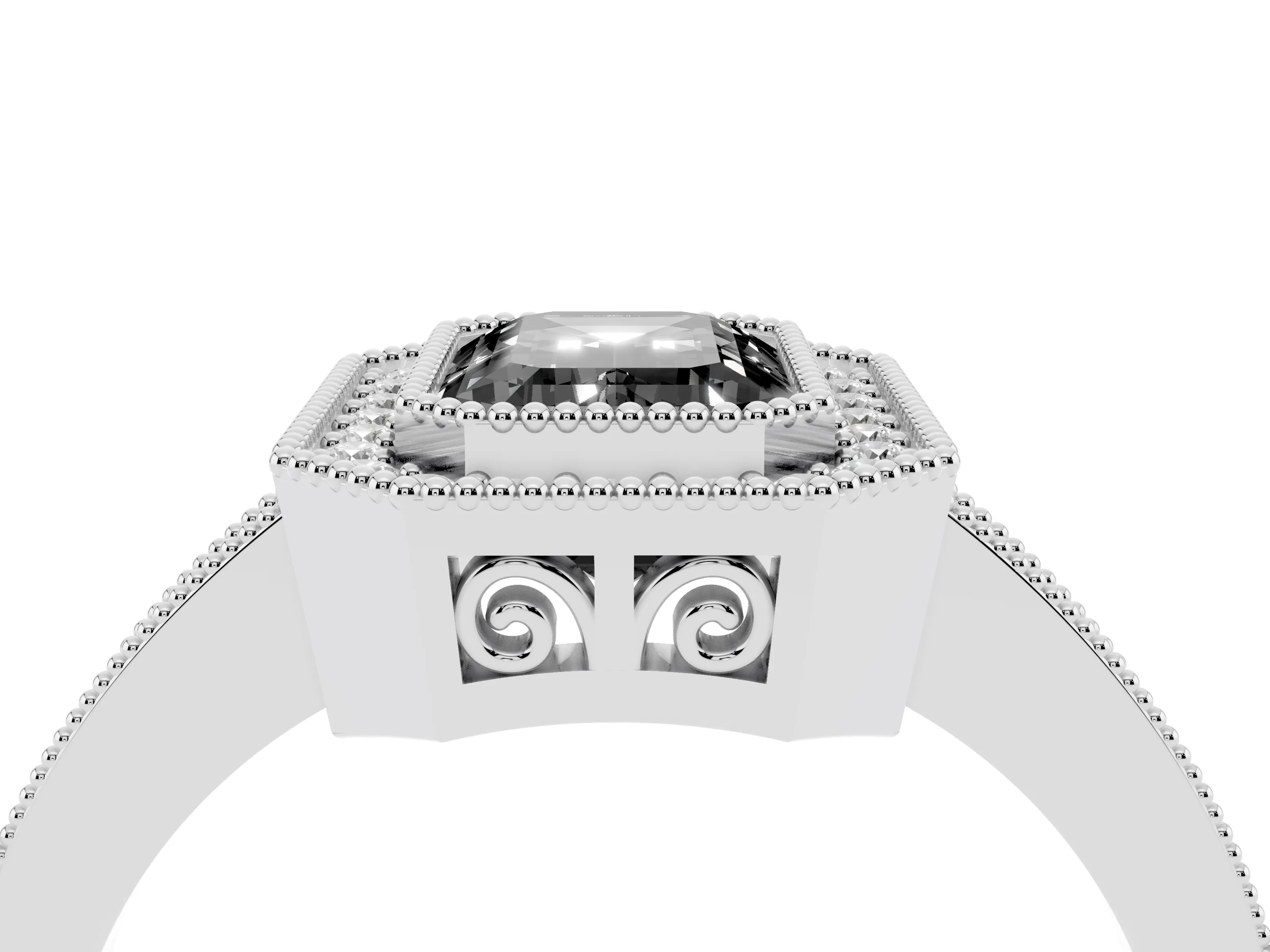 Fancy Black Emerald Cut Diamond Round Halo Ring Set in Silver with Pavé Band
