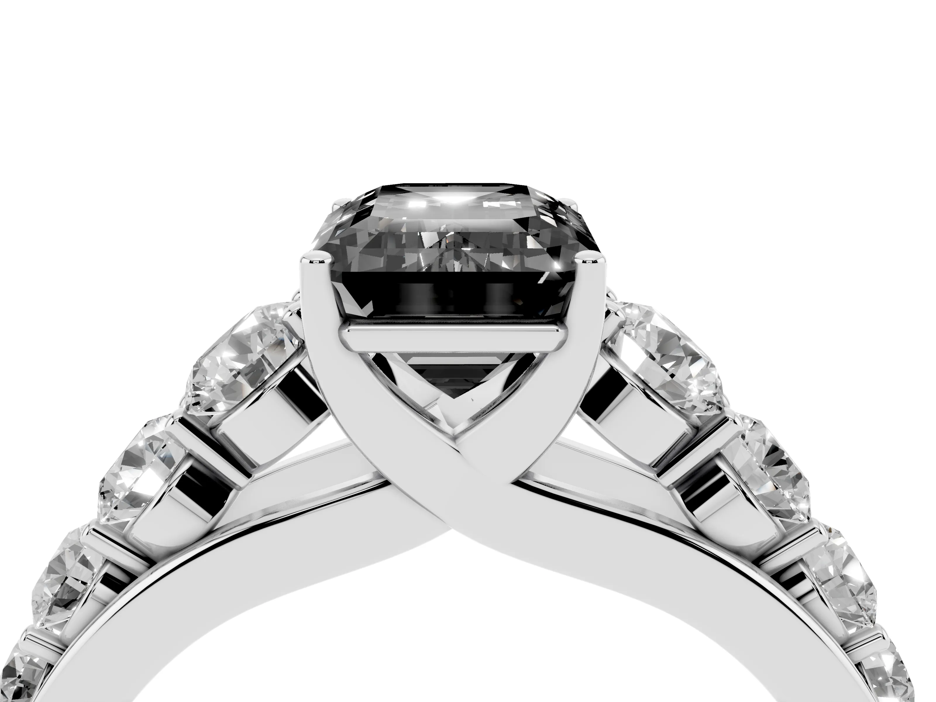 Fancy Black Emerald Cut Diamond Solitaire Ring Set in Platinum with Pavé-Set Band and Prong Setting