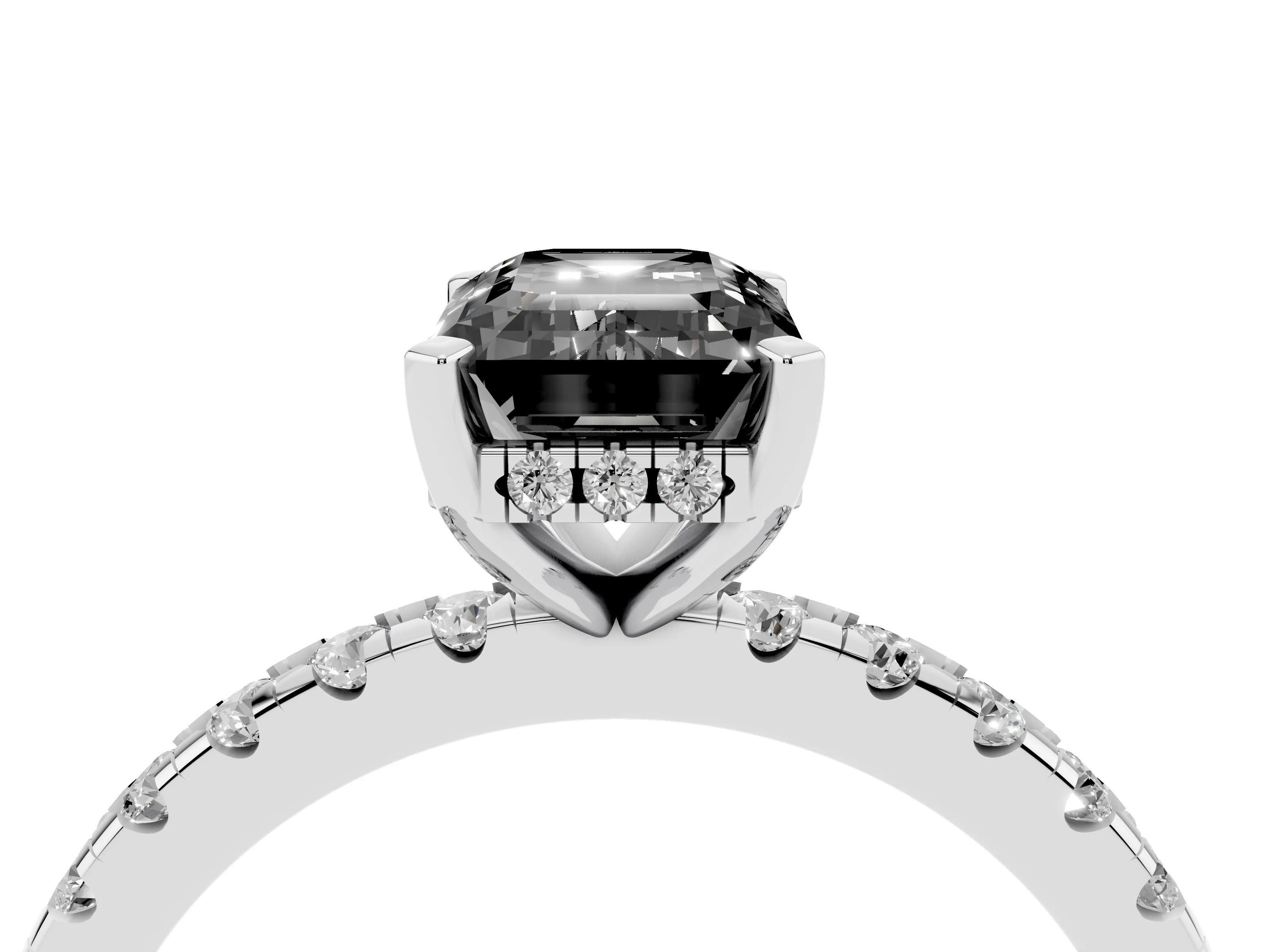 Fancy Black Emerald Cut Diamond Pavé Solitaire Ring Set in White gold with Round Band Accents and Prong Setting