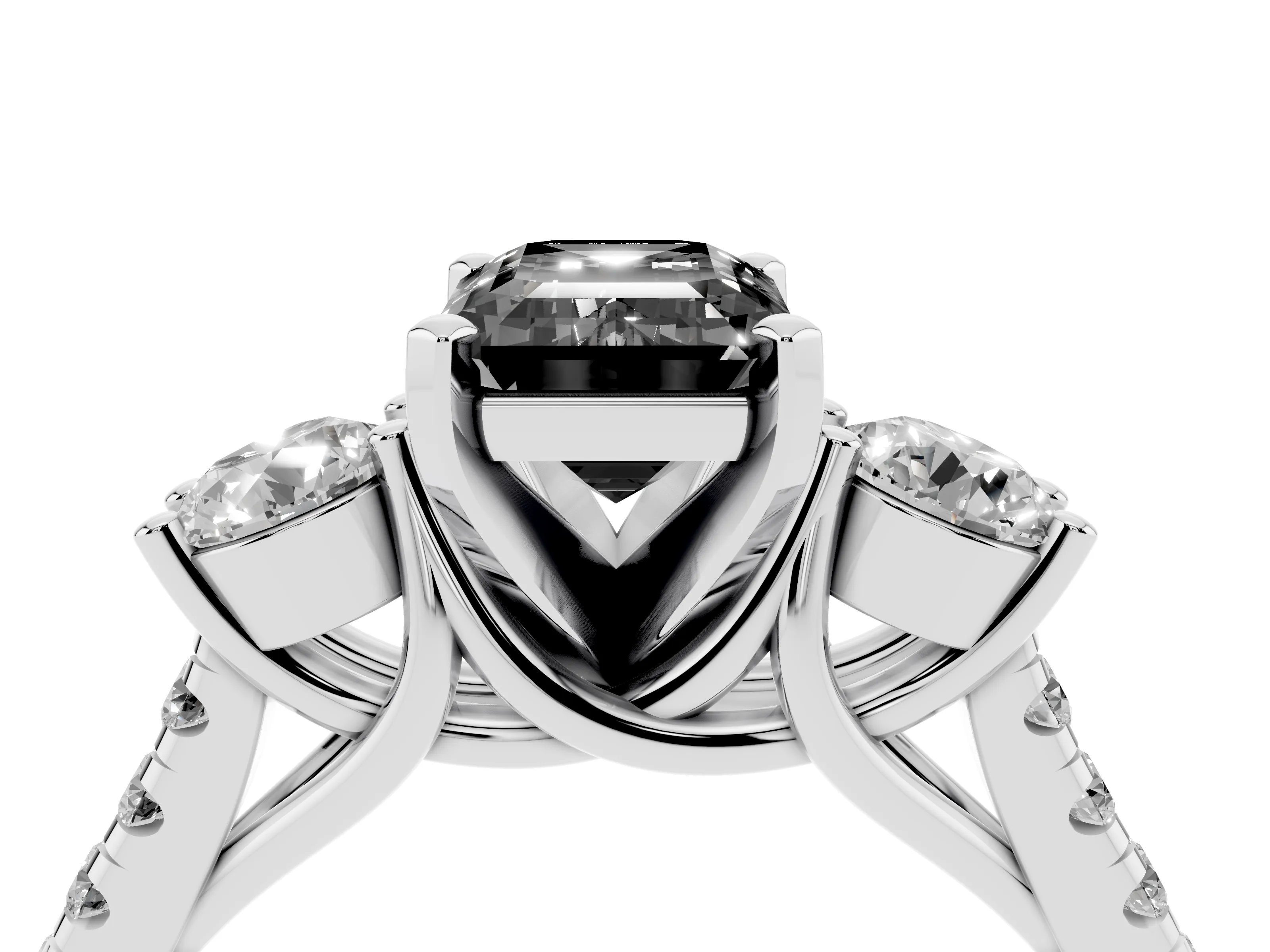 Fancy Black Three-Stone Emerald Cut Diamond Pavé Band Ring Set in Platinum with Prong-Set Trio