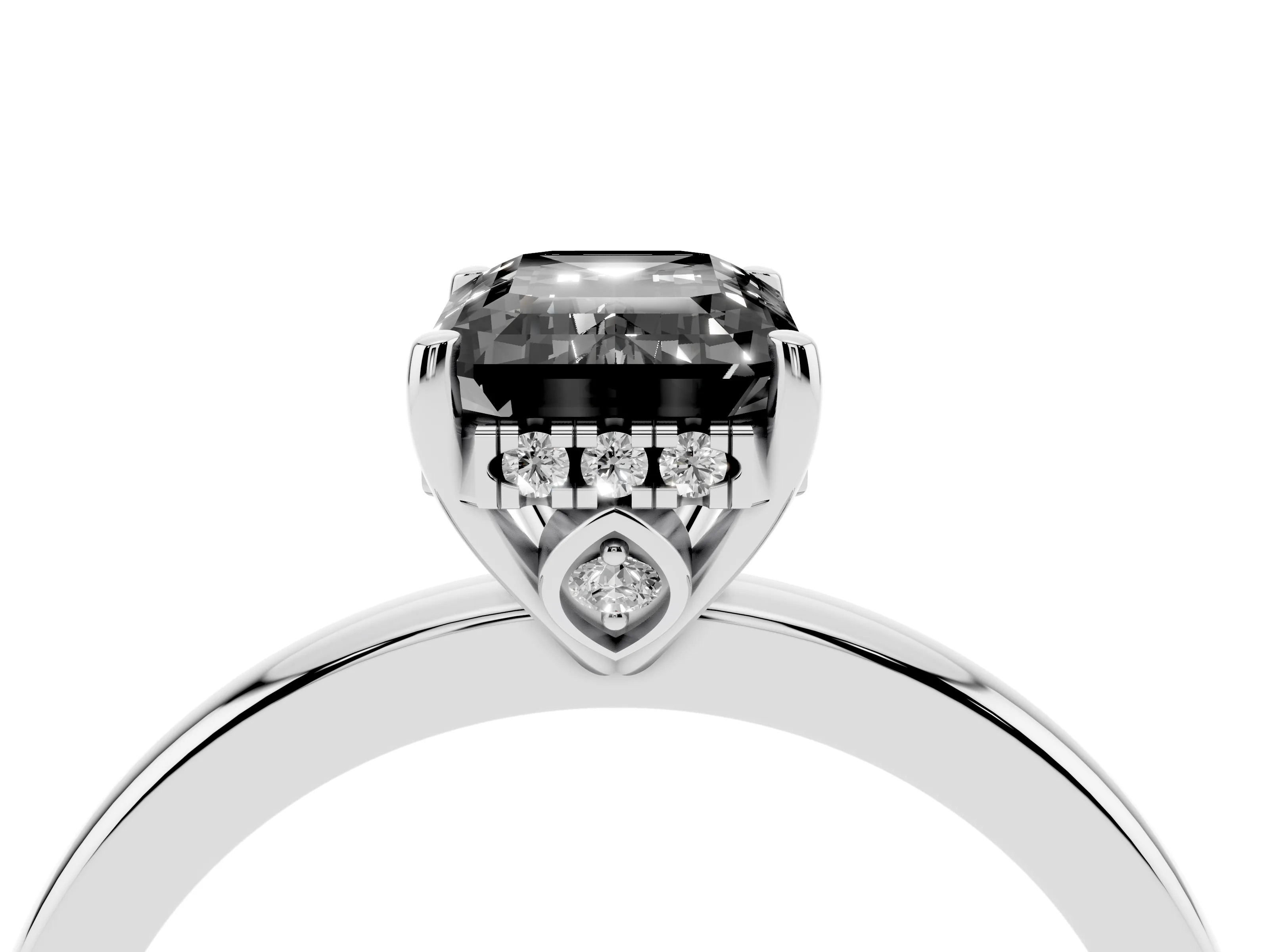 Fancy Black Emerald Cut Diamond Solitaire Ring Set in Platinum with Plain Band and Prong Setting