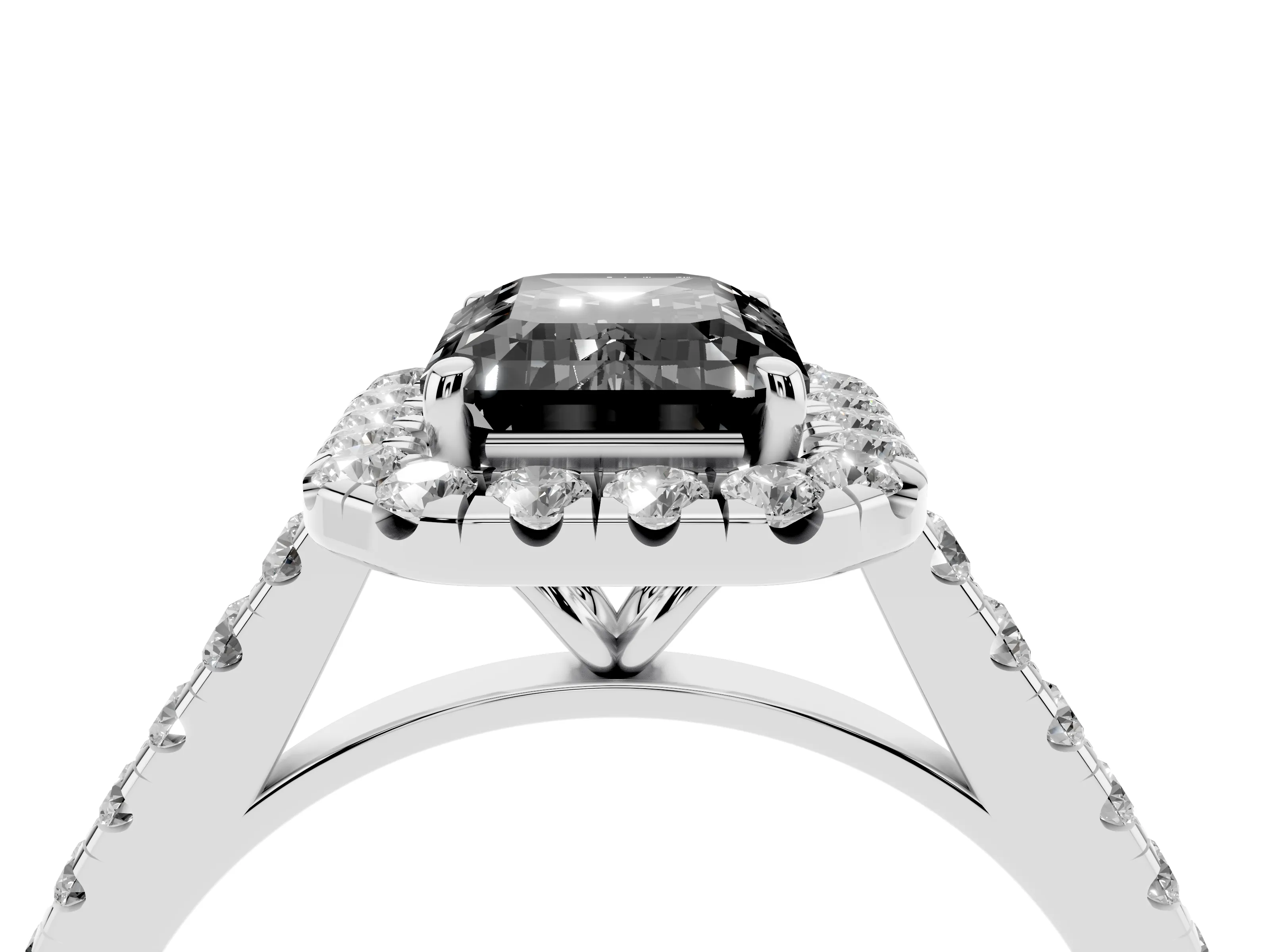 Fancy Black Emerald Cut Diamond Halo Pavé Engagement Ring Set in Platinum with Prong Setting