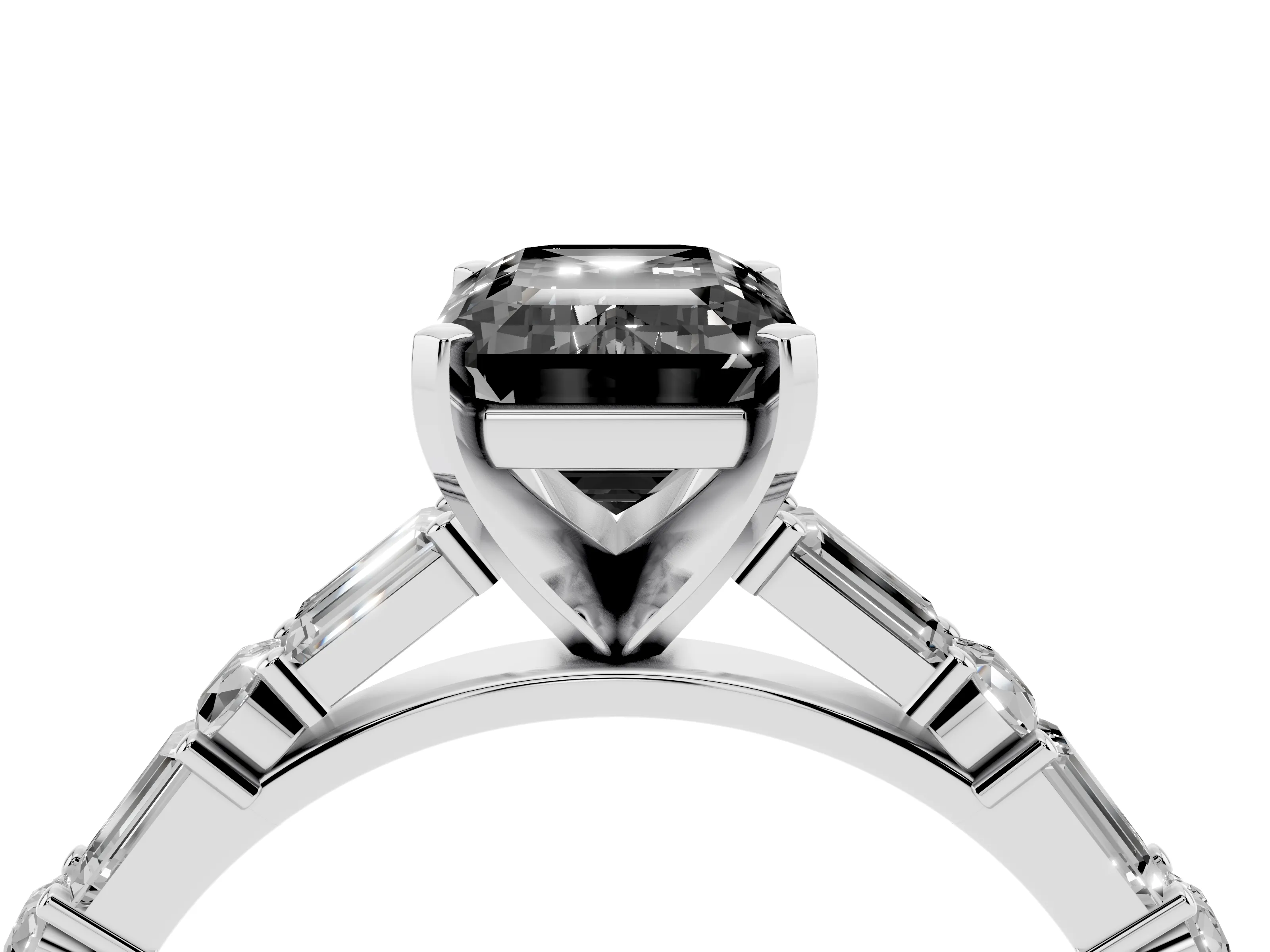 Fancy Black Emerald Cut Diamond Solitaire Set in Silver with Side Baguettes and Channel Set Band