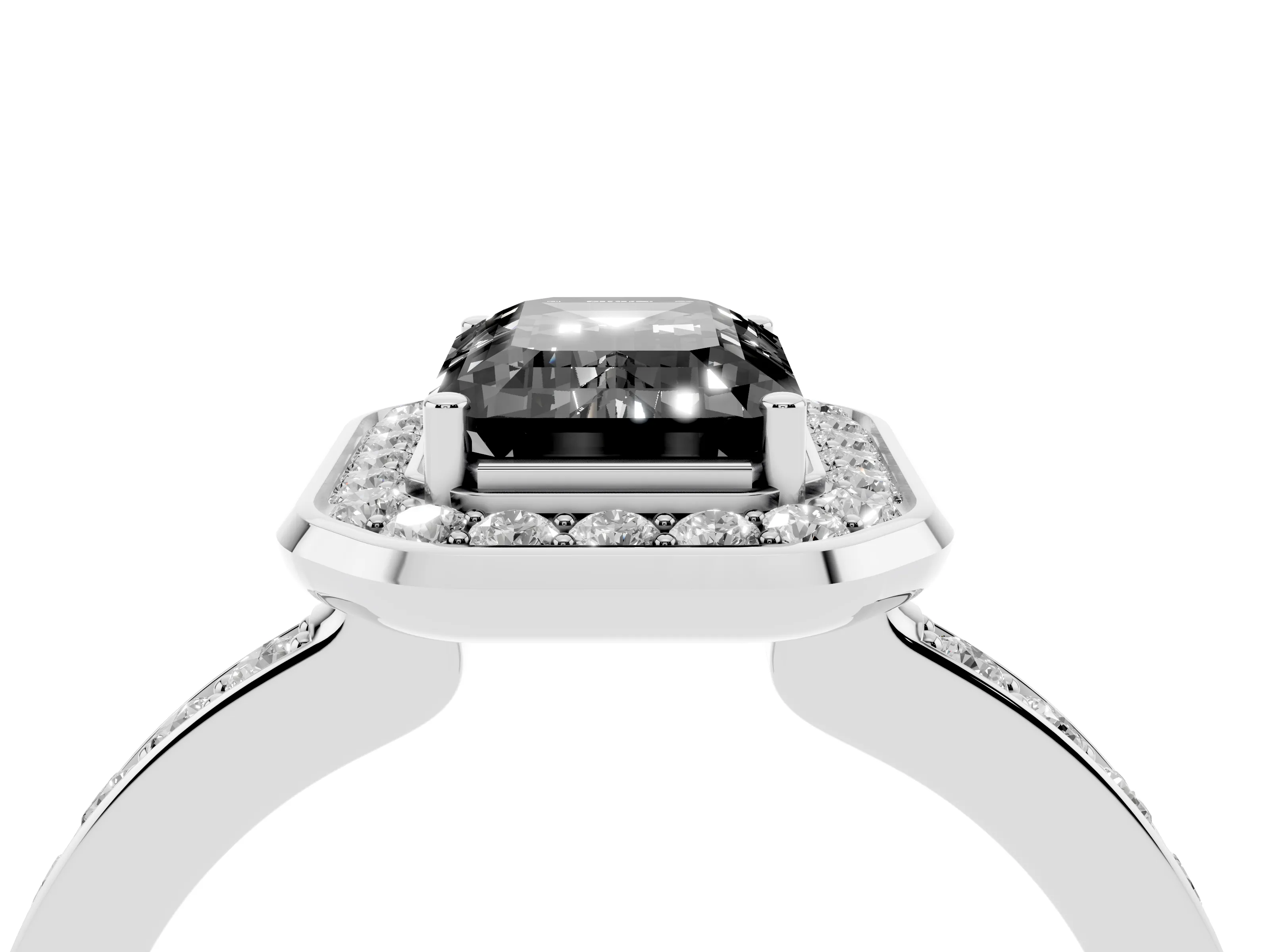Fancy Black Emerald Cut Diamond Halo Ring Set in Platinum with Bezel Frame and Pavé Band