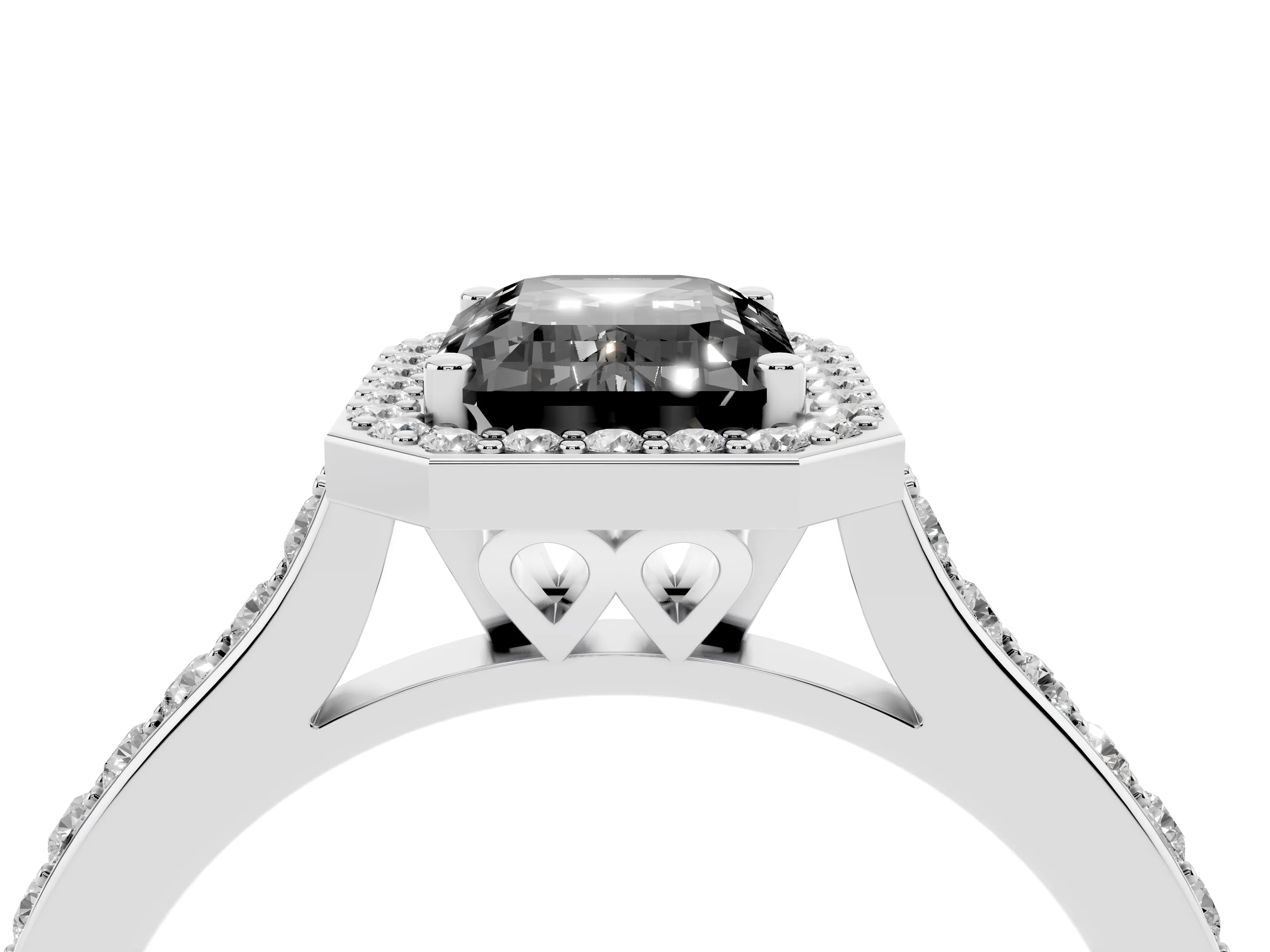 Fancy Black Emerald Cut Diamond Halo Engagement Ring Set in Silver with Round Pavé Shoulders and Heart Gallery