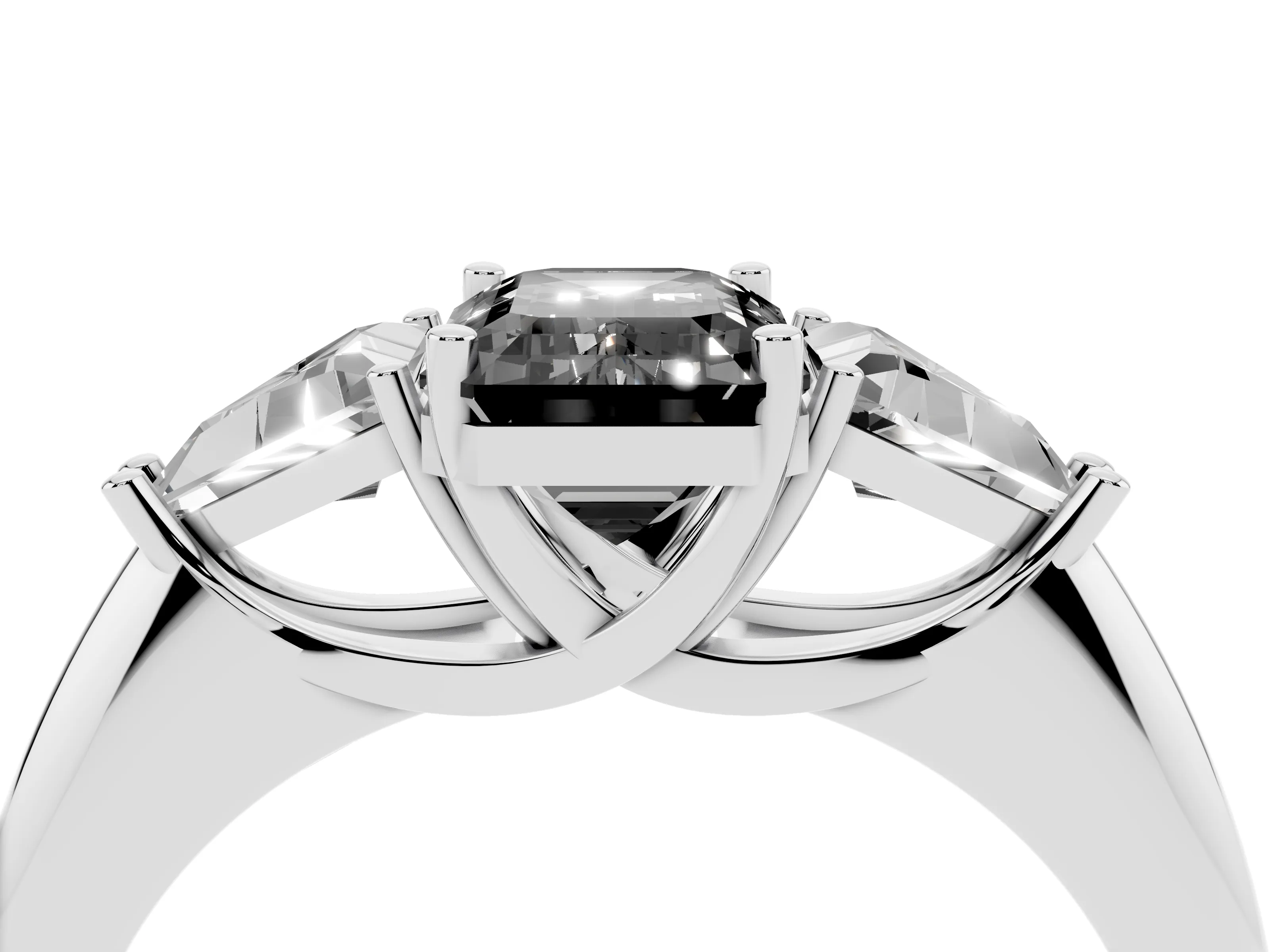Fancy Black Emerald Cut Diamond Three-Stone Engagement Ring Set in Platinum with Trillion Side Stones