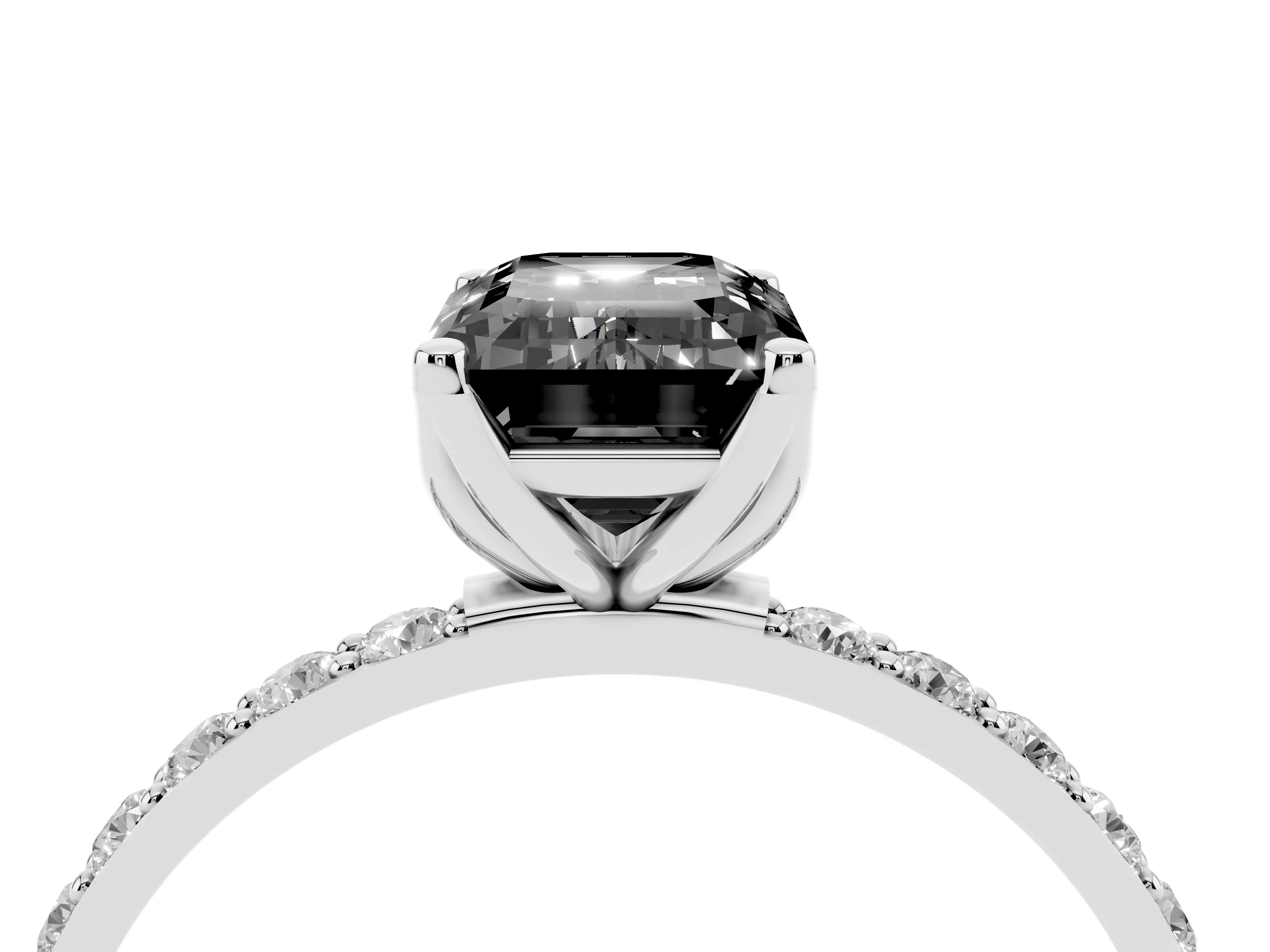 Fancy Black Emerald Cut Diamond Solitaire Engagement Ring Set in Platinum with Round Pavé Band and Prong Setting