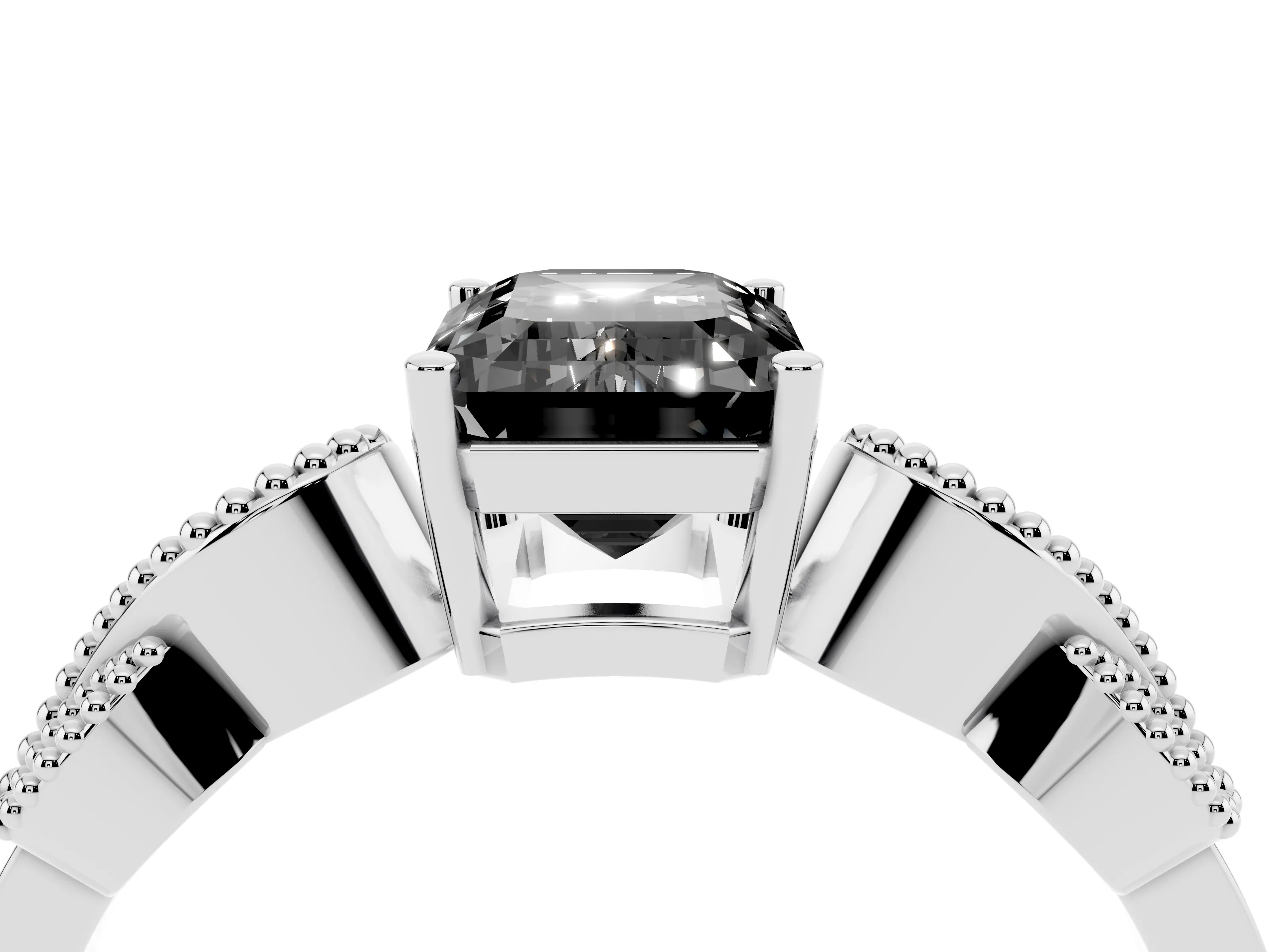 Fancy Black Emerald Cut Diamond Milgrain Leaf Band Solitaire Ring Set in Silver with Accent Stones and Prong Setting