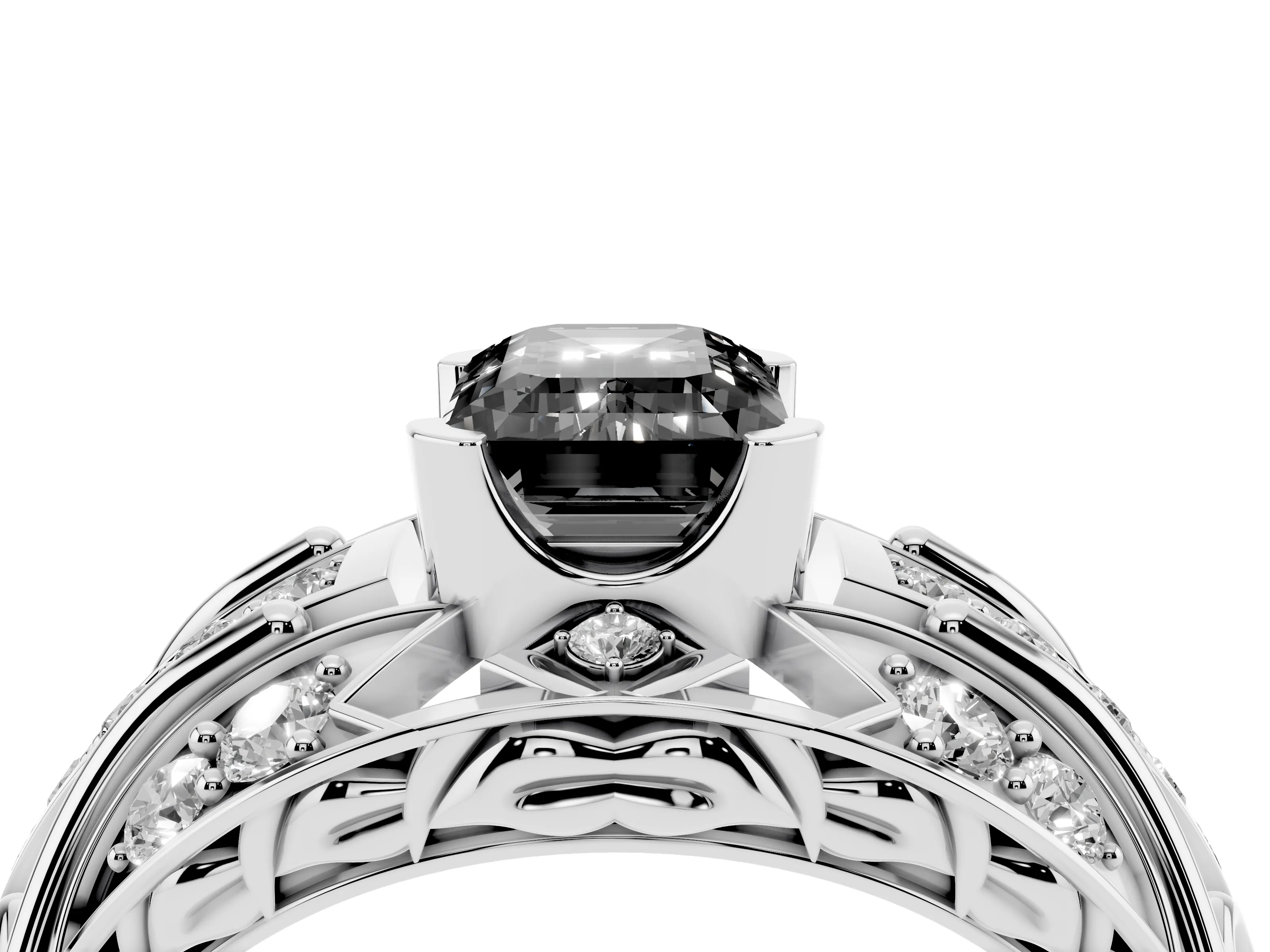 Fancy Black Emerald Cut Diamond Art Deco Ring Set in Silver with Pavé Split Shank