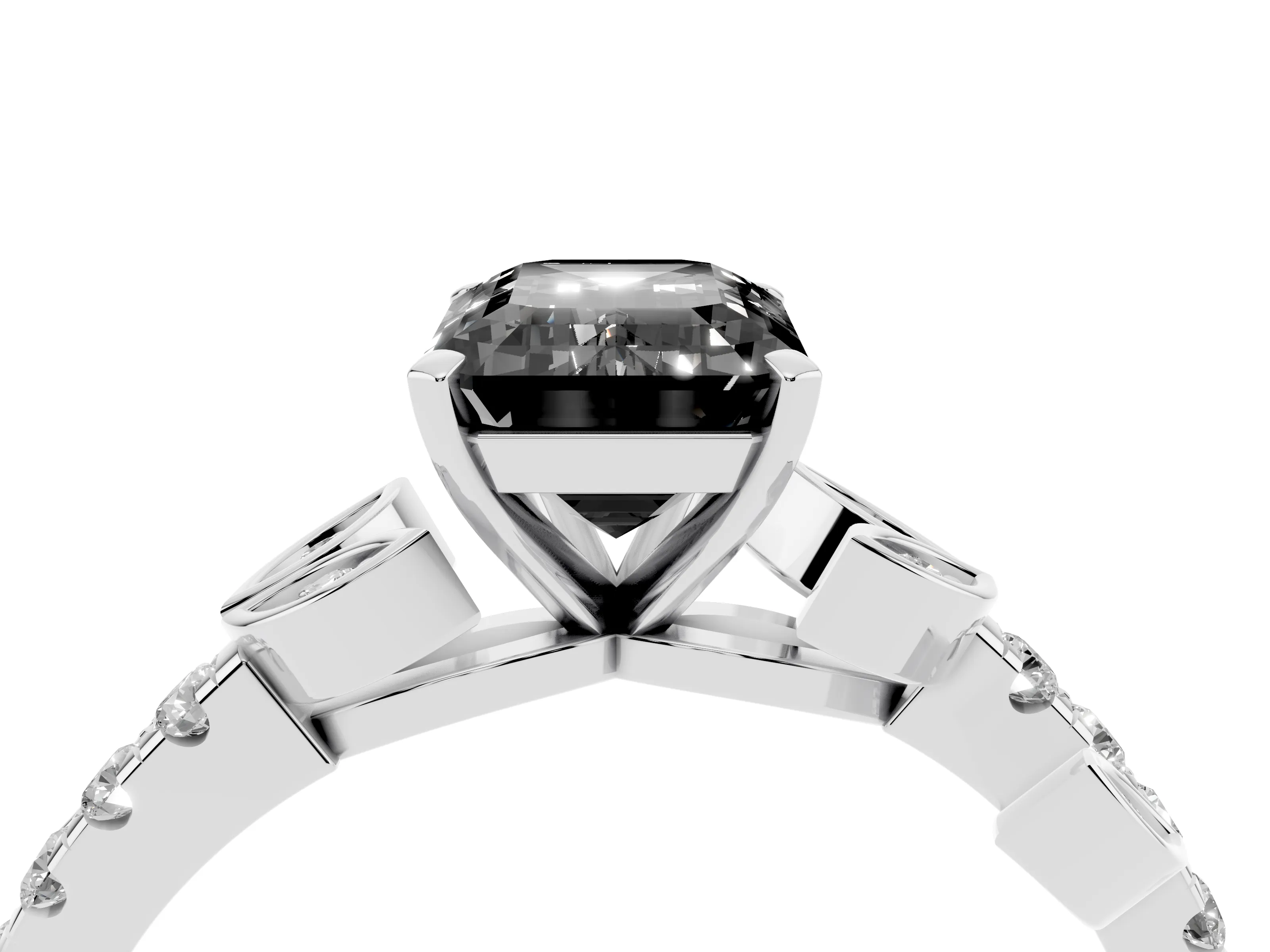 Fancy Black Emerald Cut Diamond Solitaire Leaf-Inspired Ring Set in Platinum with Pavé Band and Prong Setting