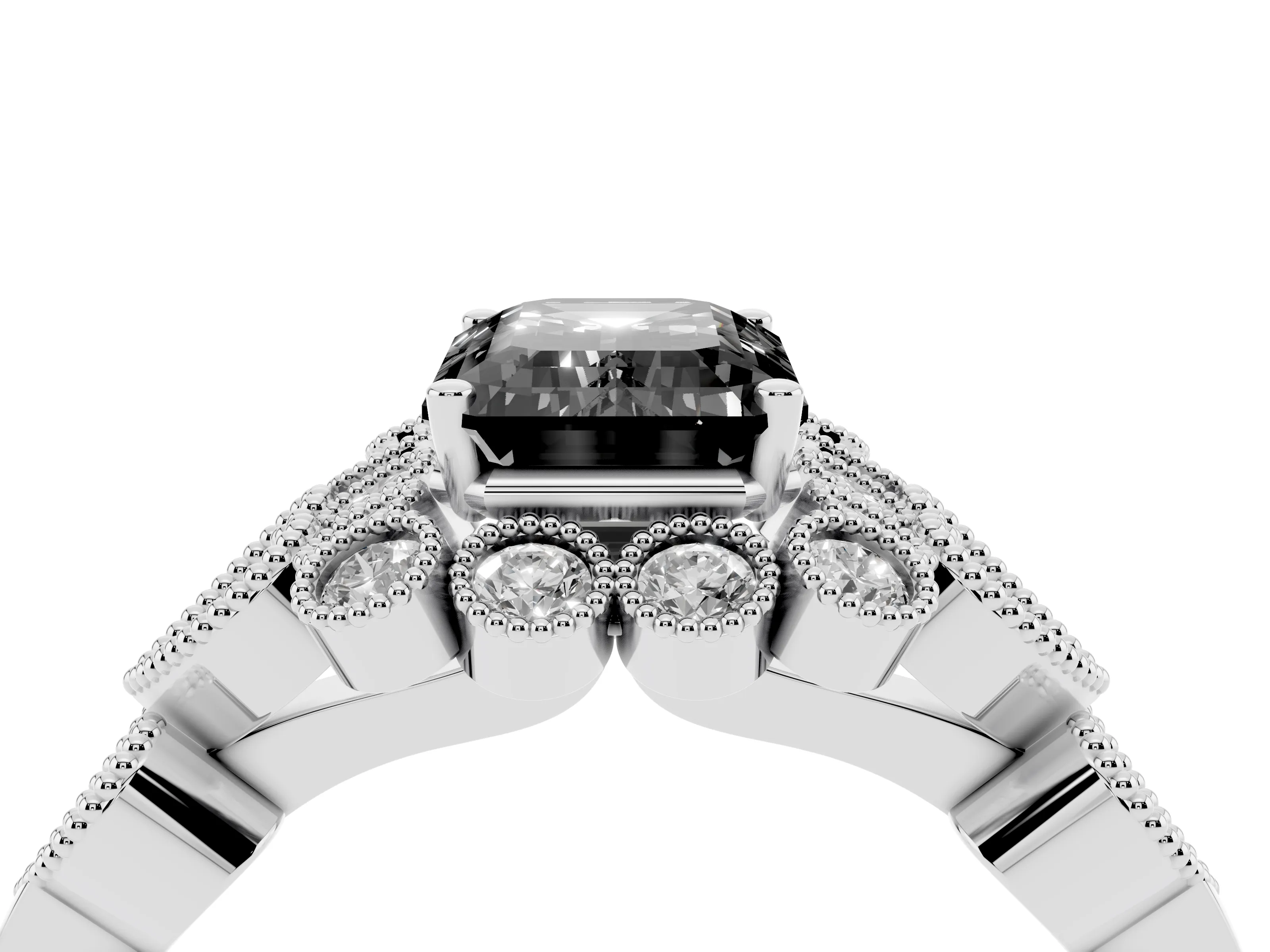 Fancy Black Emerald Cut Diamond Solitaire Ring Set in White gold with Milgrain Pavé Heart Band