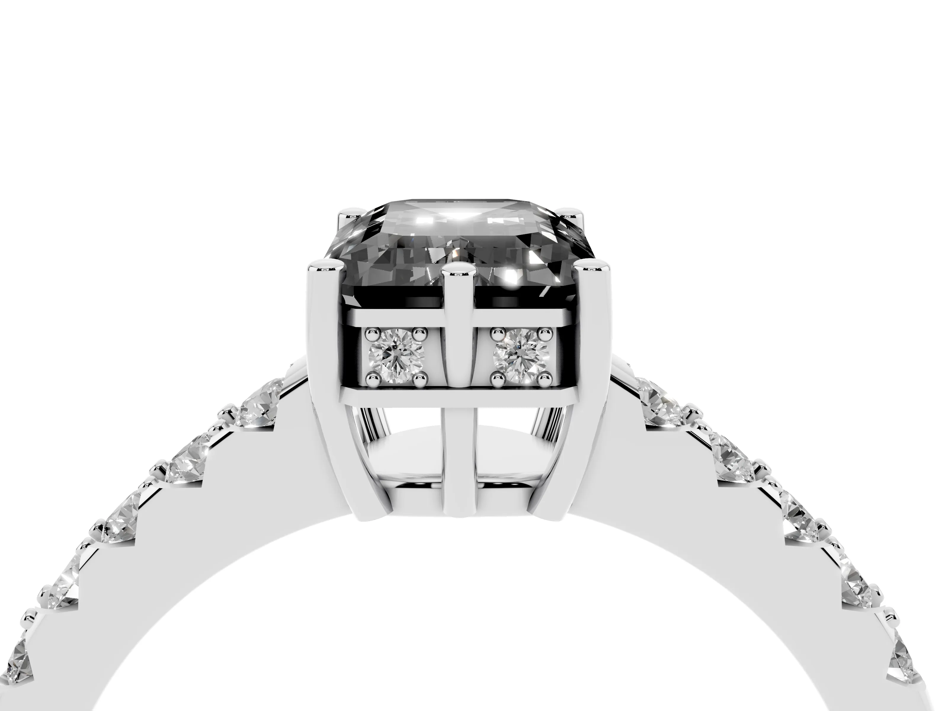 Fancy Black Emerald Cut Diamond Solitaire Engagement Ring Set in White gold with Pavé Band and Prong Setting