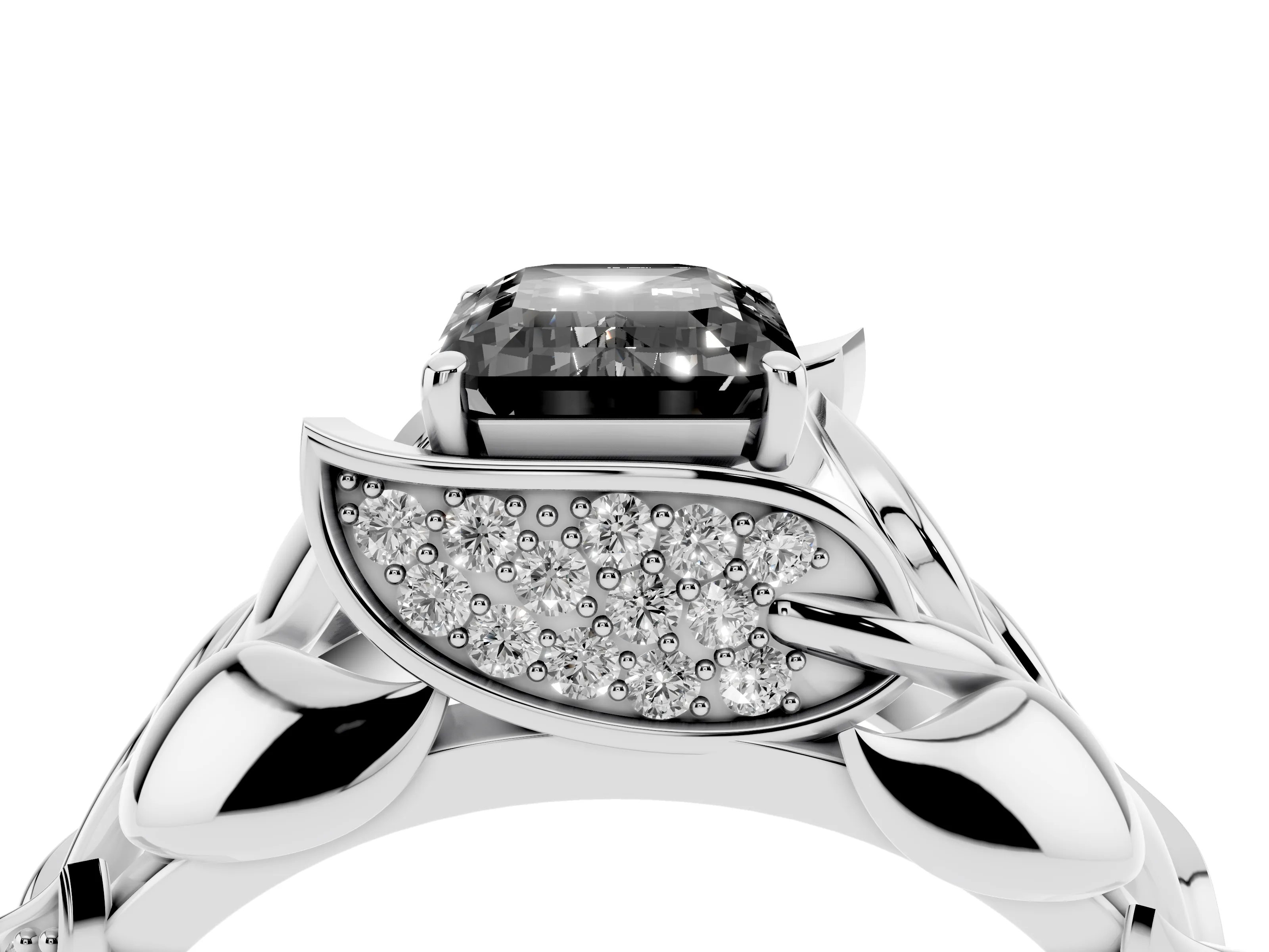 Fancy Black Emerald Cut Diamond Leaf-Inspired Engagement Ring Set in Silver with Round Accents