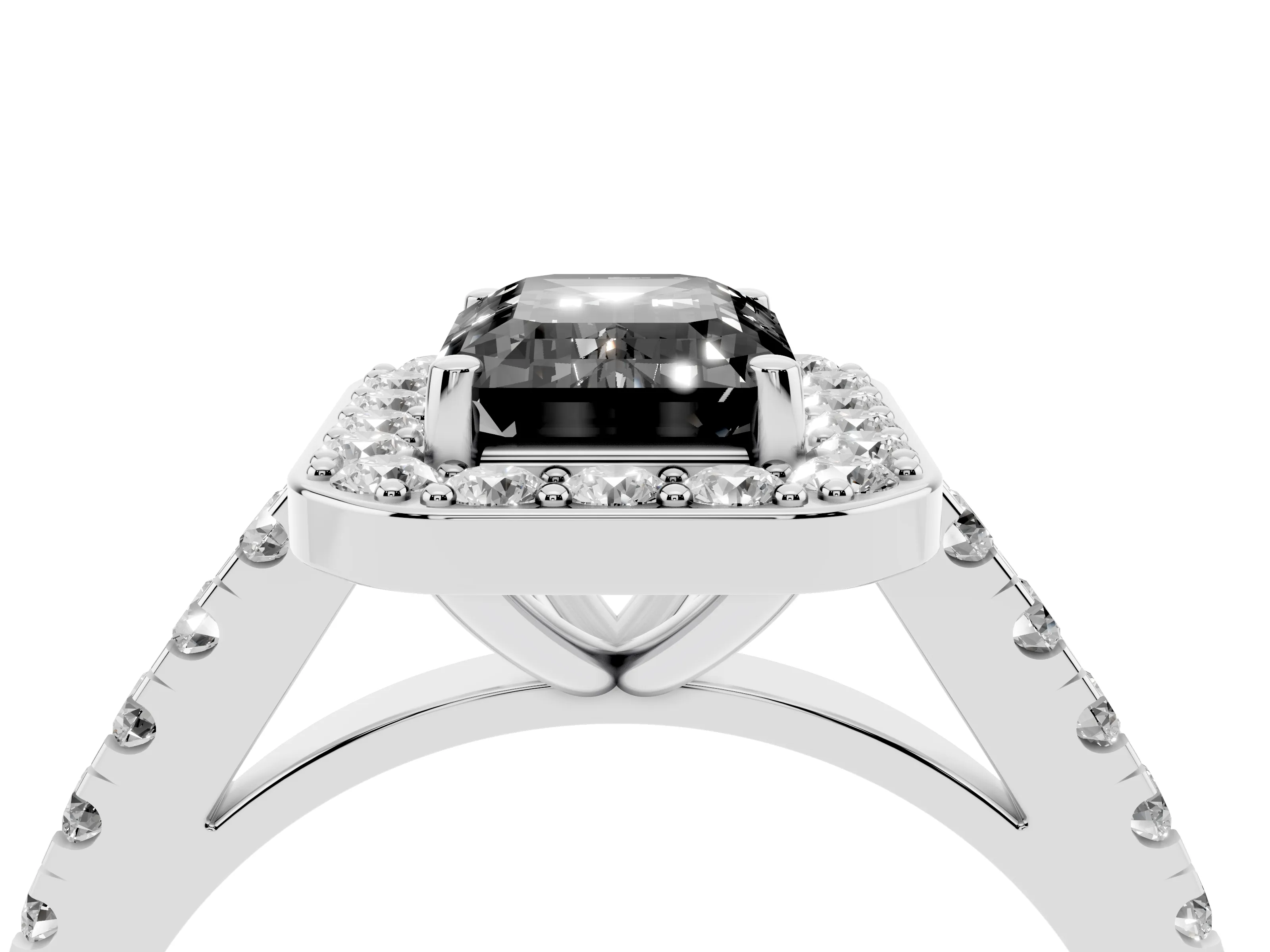 Fancy Black Emerald Cut Diamond Halo Ring Set in Silver with Round Pavé Split Shank and Prong Setting