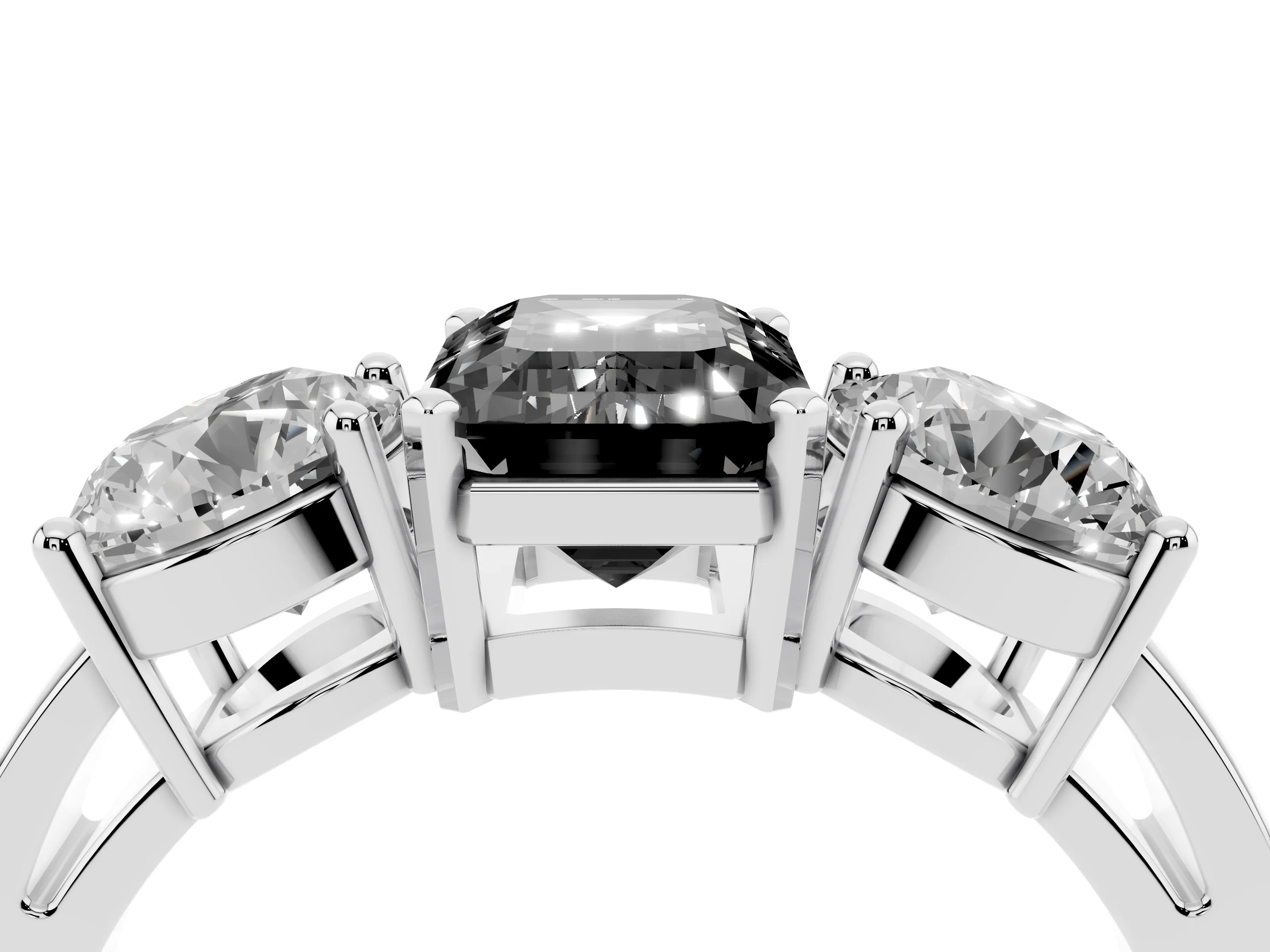 Fancy Black Emerald Cut Diamond Three-Stone Ring Set in Platinum with Round Side Stones and Classic Band