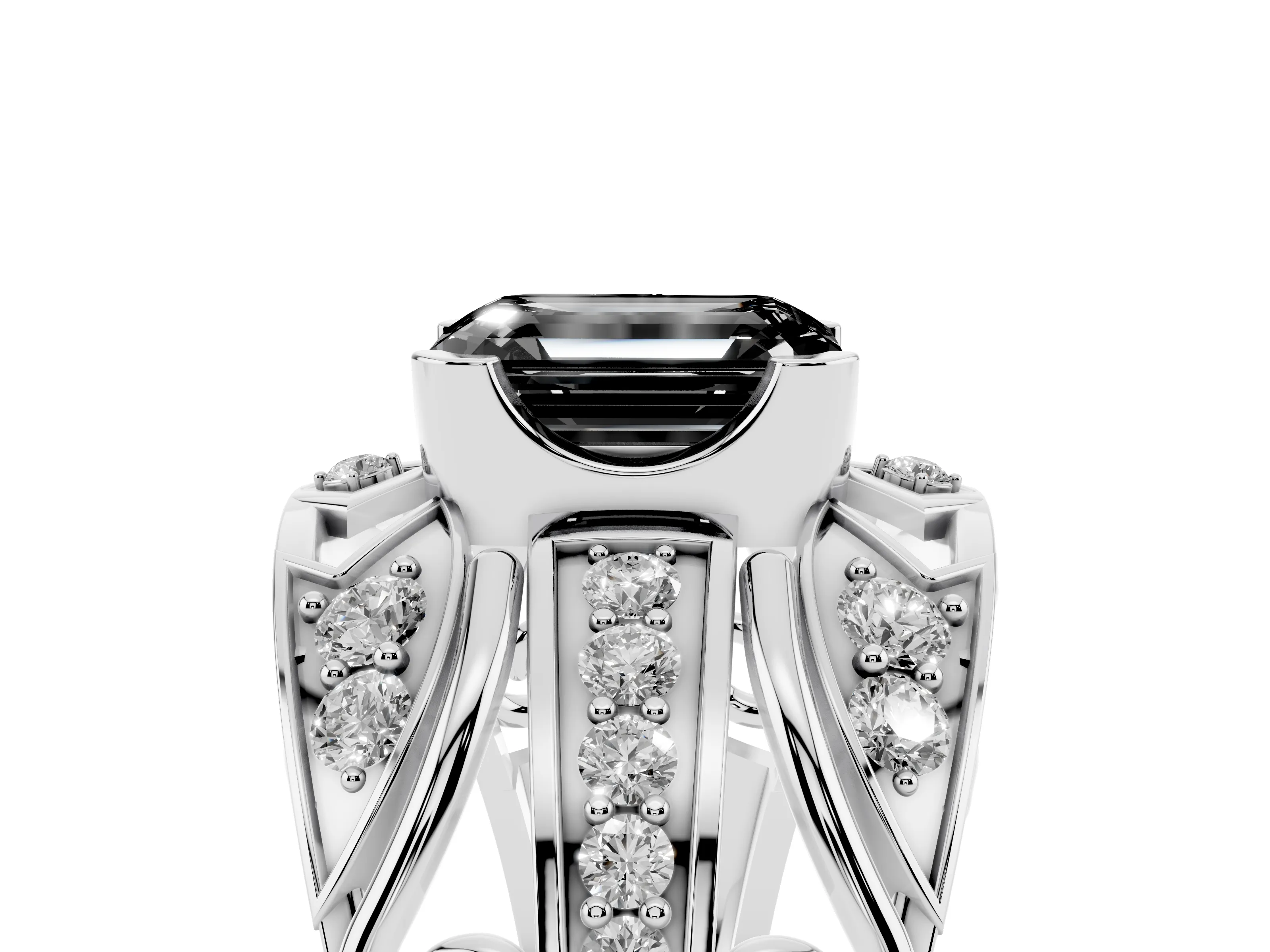 Fancy Black Emerald Cut Diamond Art Deco Ring Set in Silver with Pavé Split Shank