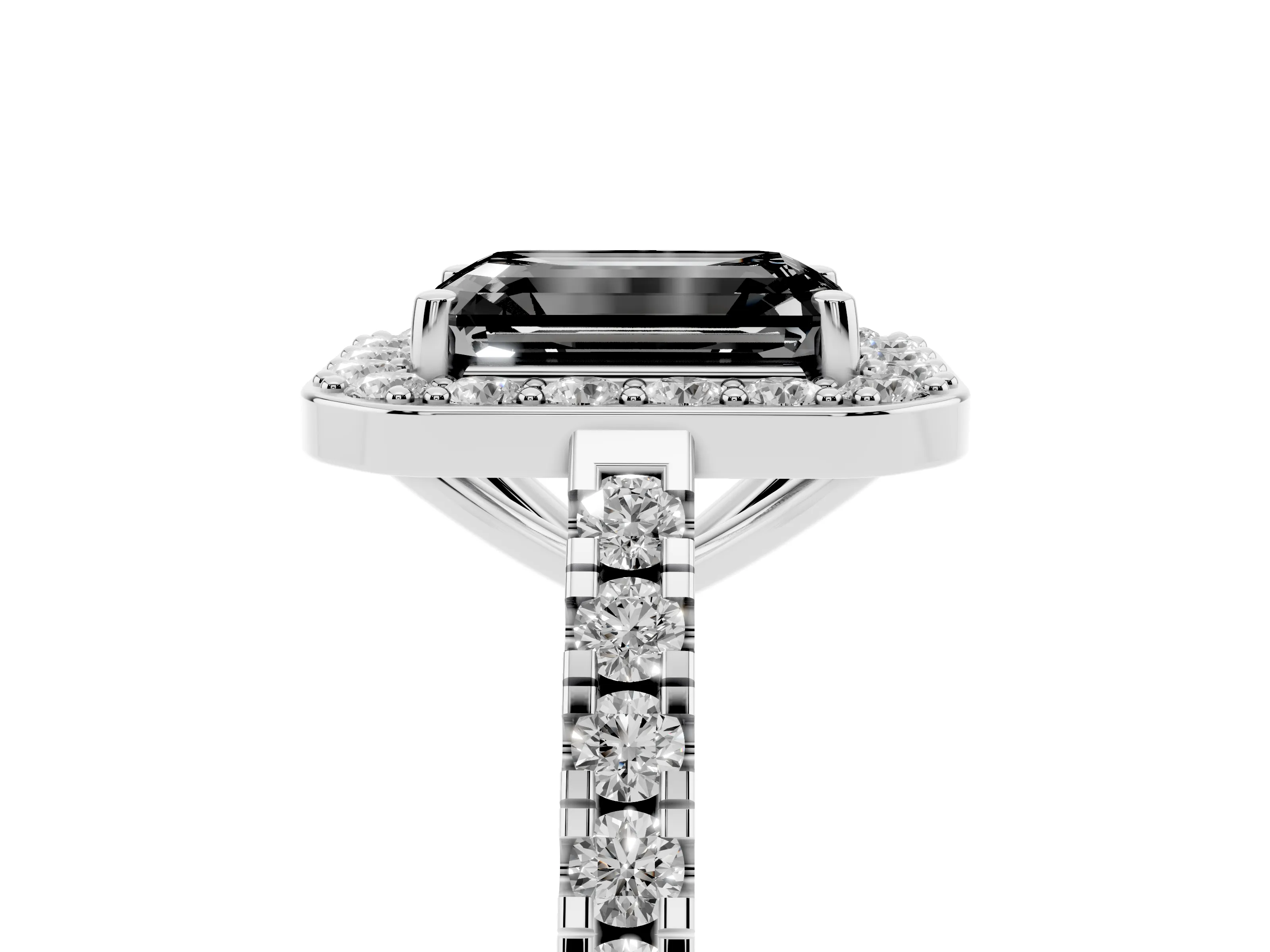 Fancy Black Emerald Cut Diamond Halo Ring Set in Silver with Round Pavé Split Shank and Prong Setting