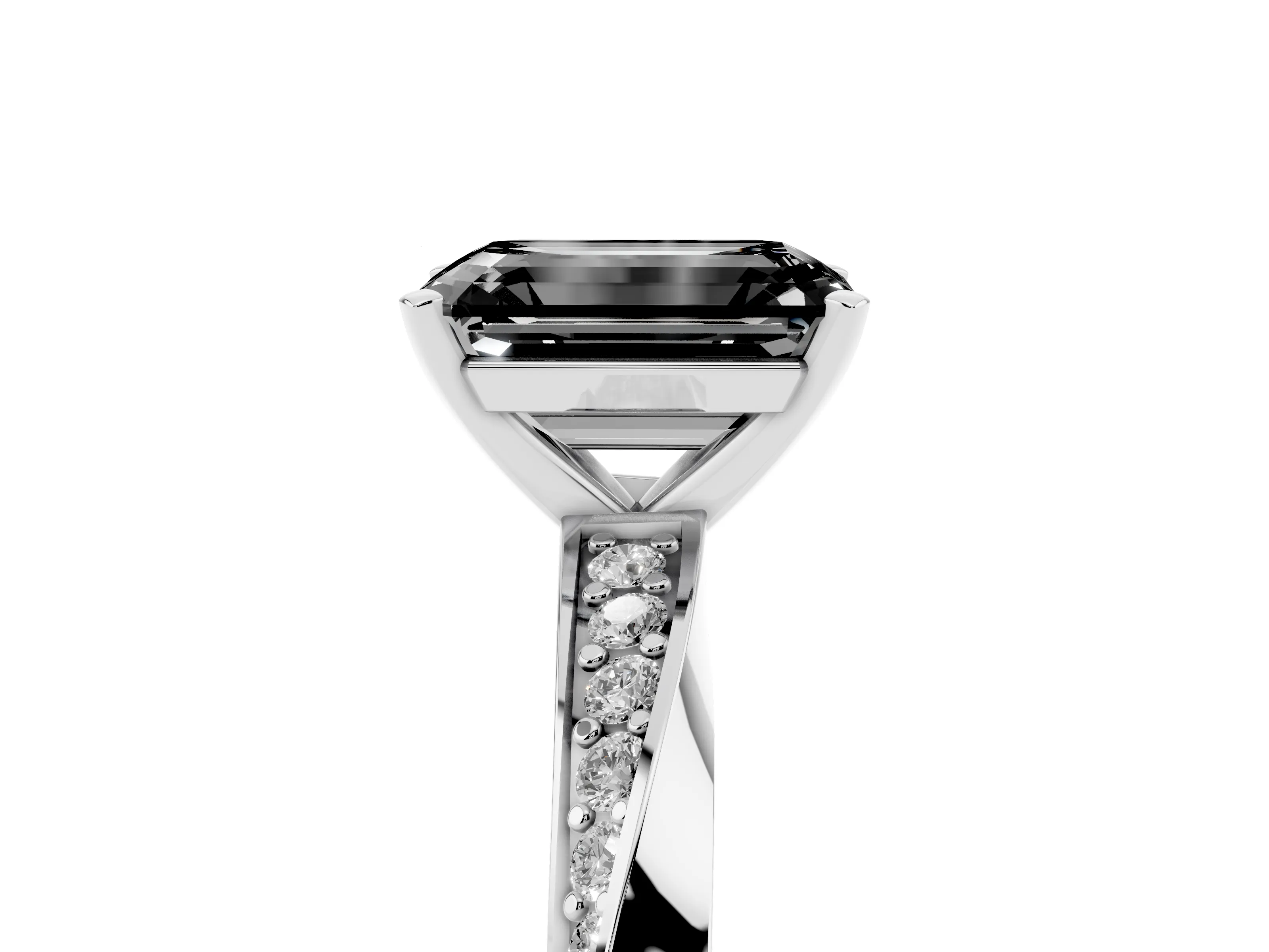 Fancy Black Emerald Cut Diamond Engagement Ring Set in Platinum with Side Stone Accents and Prong Setting
