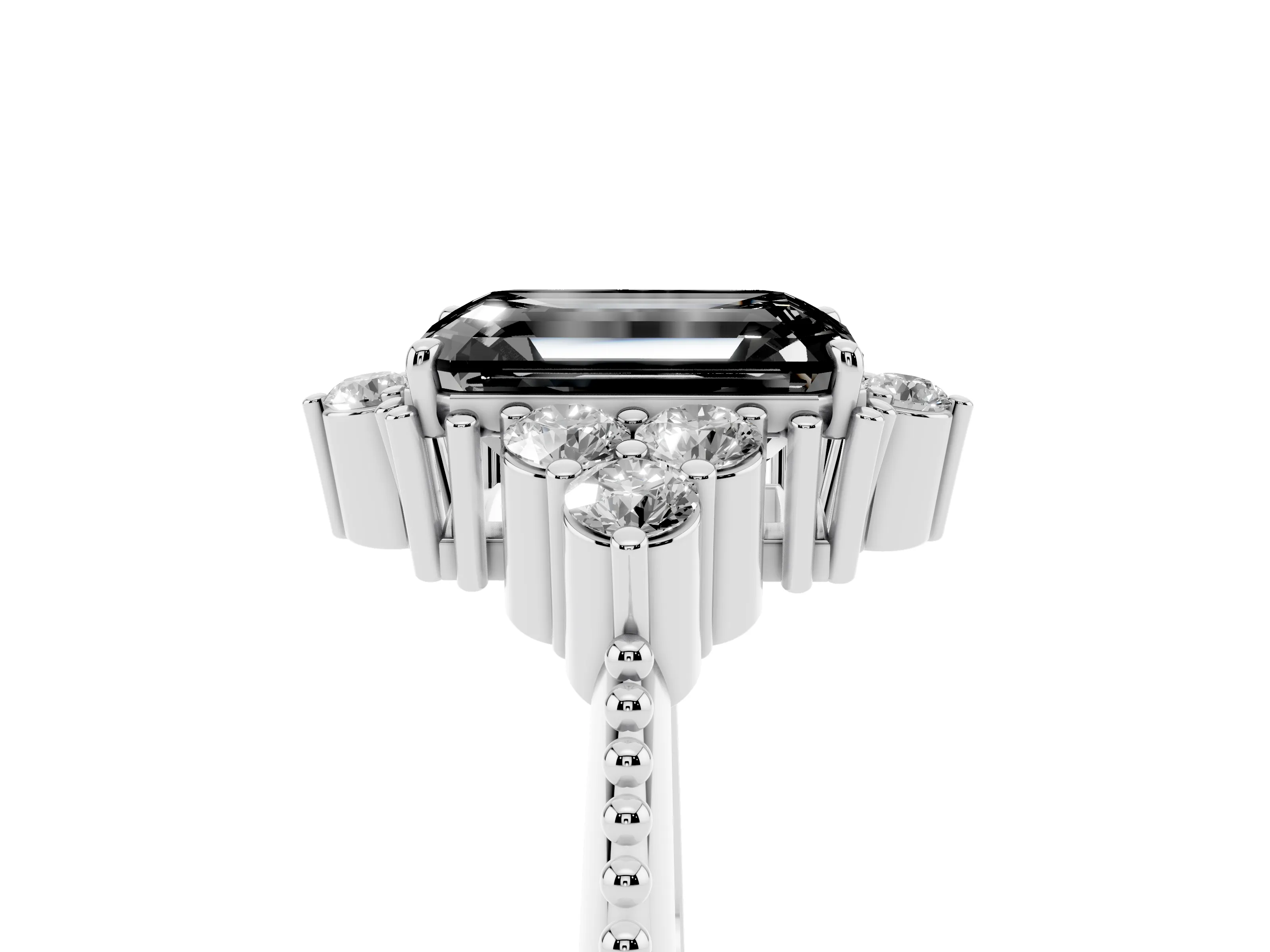 Fancy Black Emerald Cut Diamond Cluster Ring Set in Platinum with Beaded Band