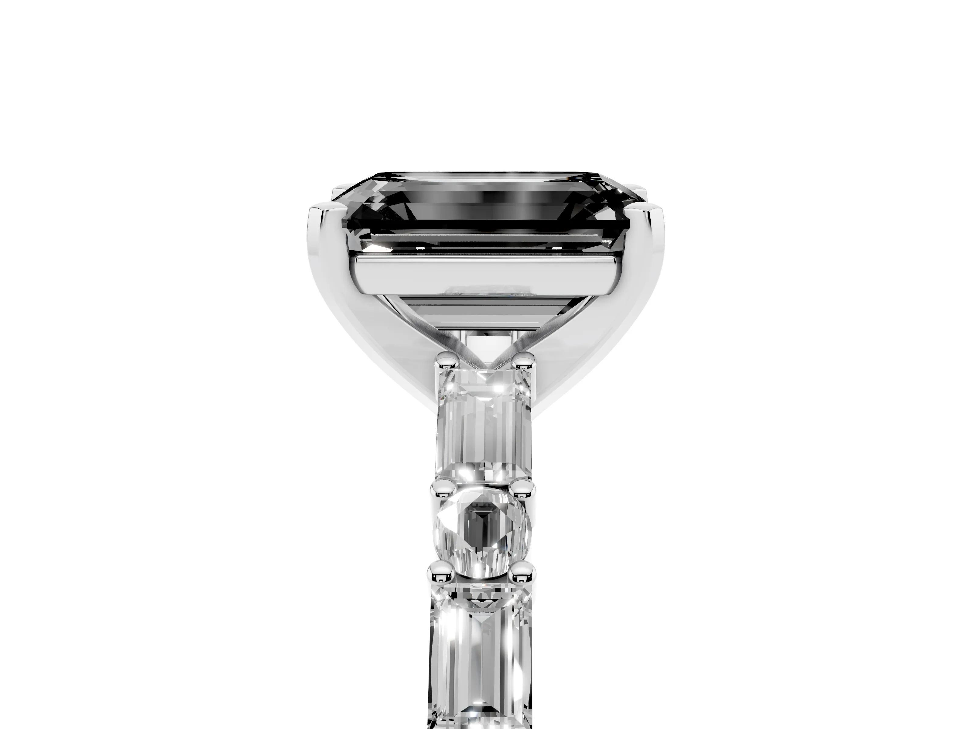 Fancy Black Emerald Cut Diamond Solitaire Set in Silver with Side Baguettes and Channel Set Band