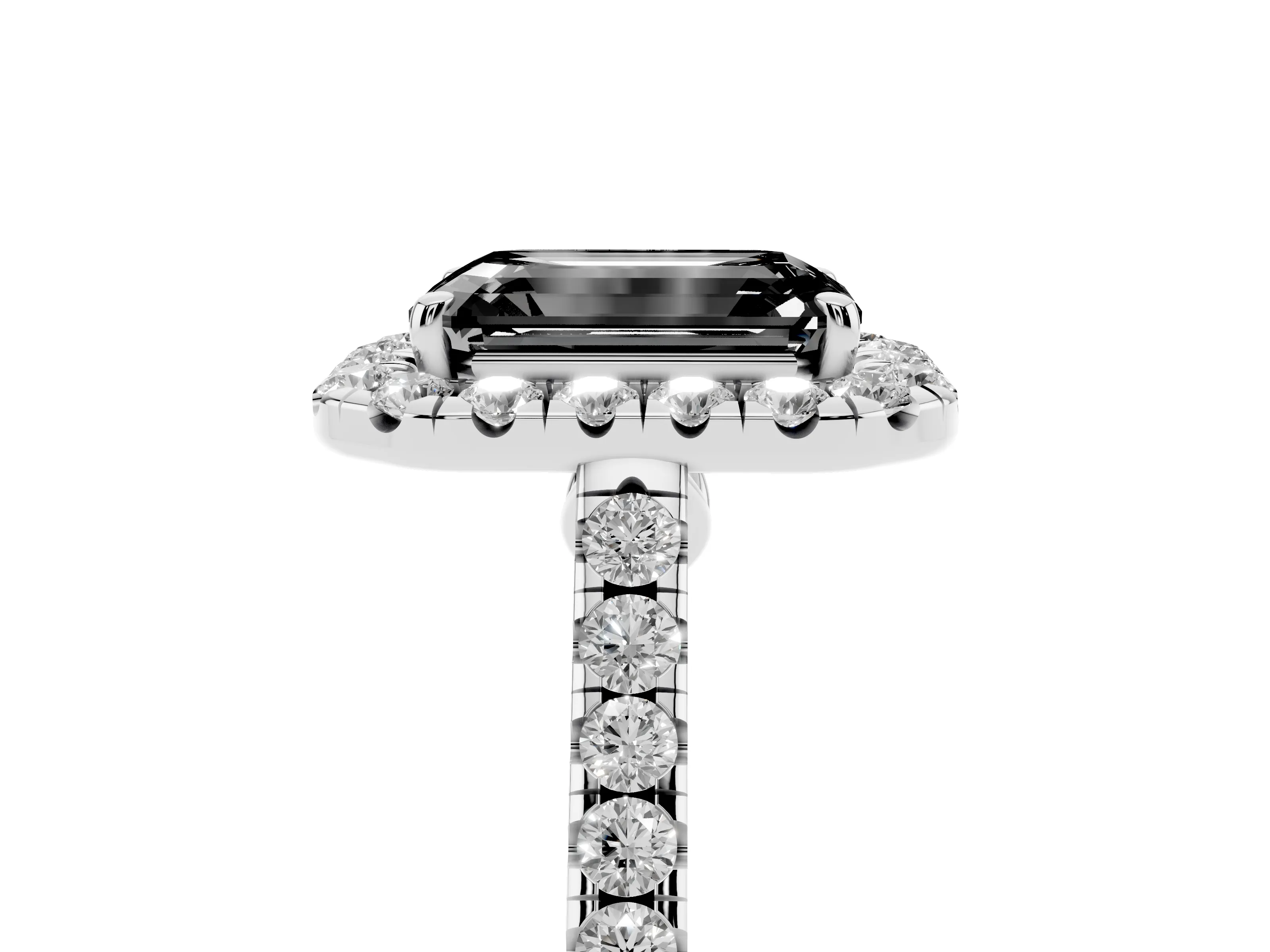 Fancy Black Emerald Cut Diamond Halo Pavé Engagement Ring Set in Platinum with Prong Setting