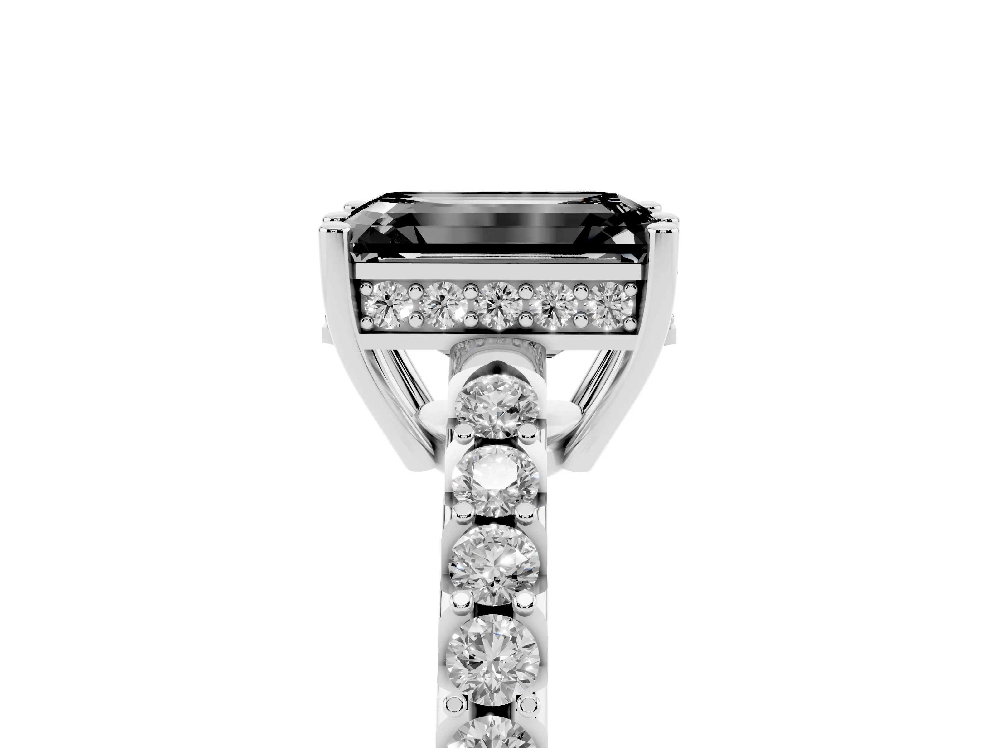 Fancy Black Emerald Cut Diamond Solitaire Engagement Ring Set in White gold with Pavé Band and Prong Setting