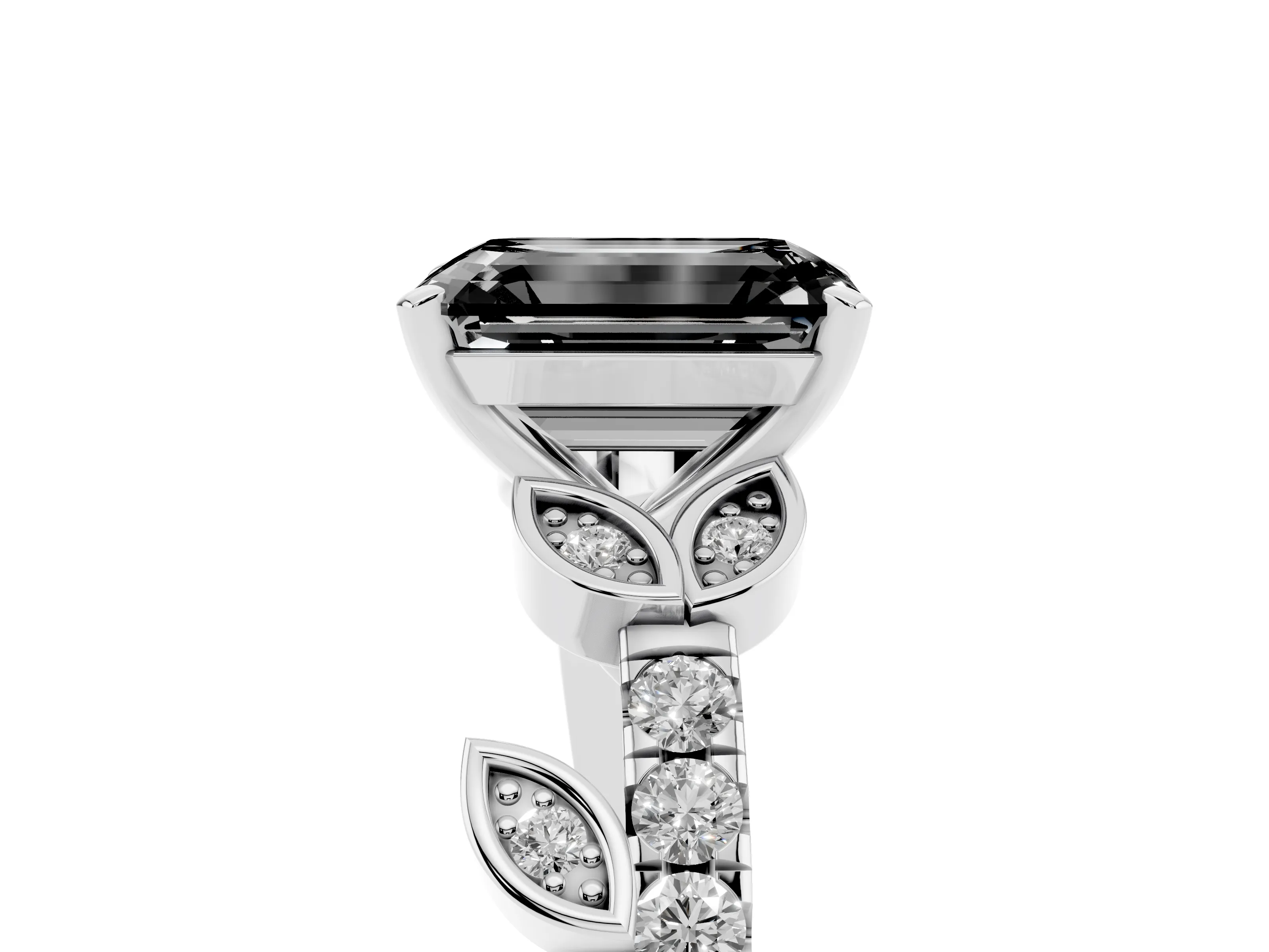 Fancy Black Emerald Cut Diamond Solitaire Leaf-Inspired Ring Set in Platinum with Pavé Band and Prong Setting