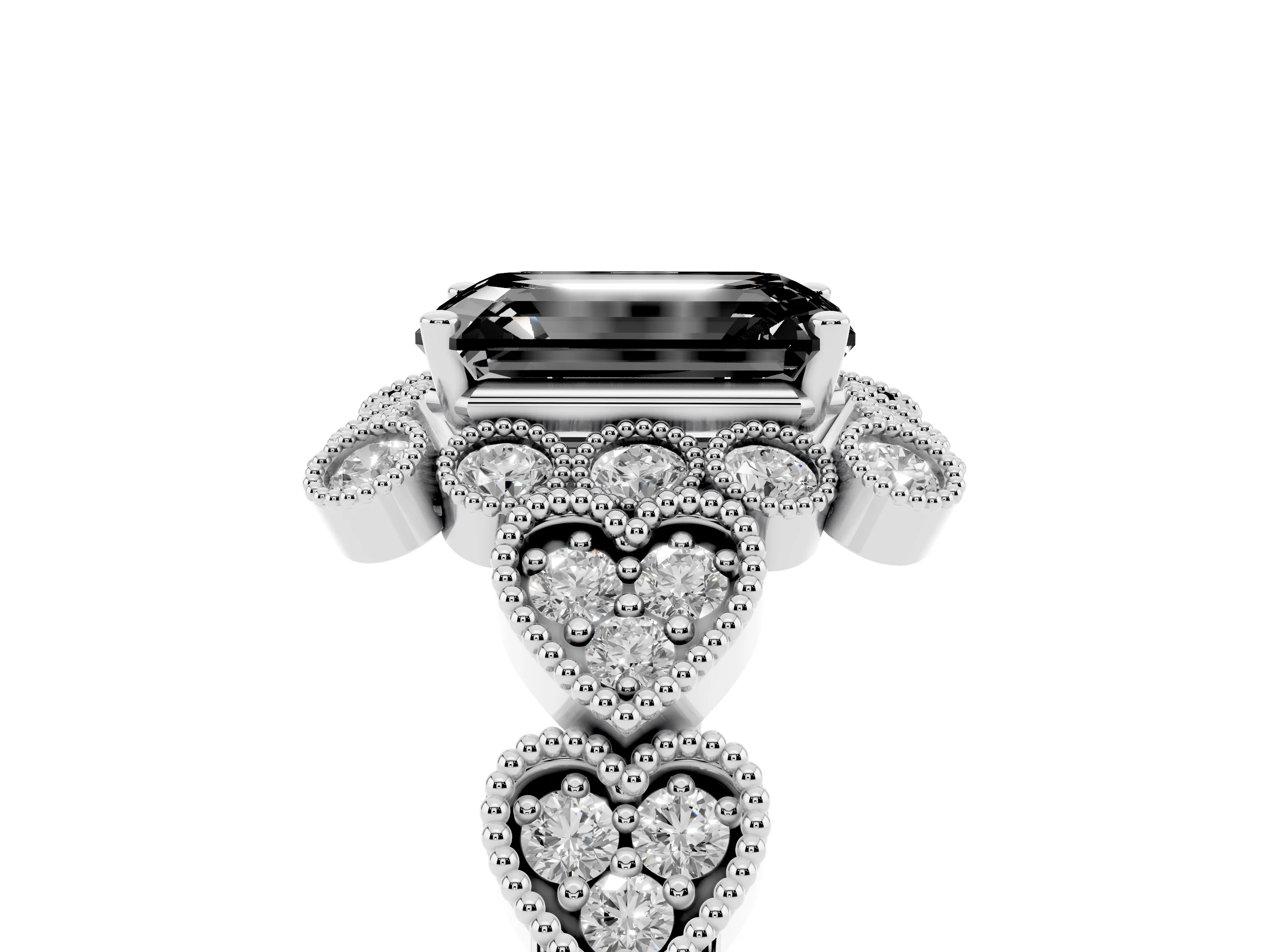 Fancy Black Emerald Cut Diamond Solitaire Ring Set in White gold with Milgrain Pavé Heart Band